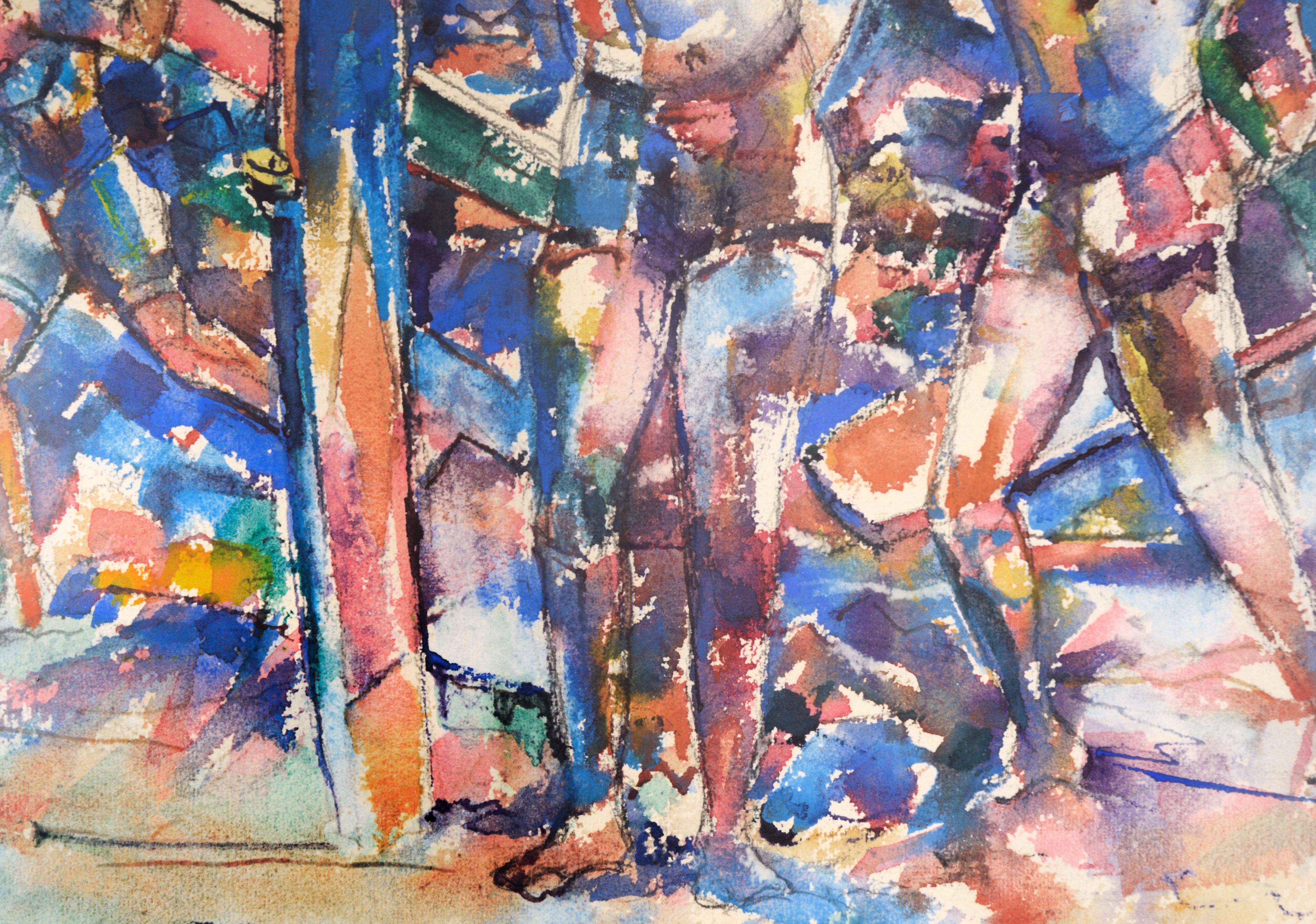 Colorful and dynamic mid century abstracted depiction of surfers at a beach by Carson Sutherlin Davenport (American, 1908-1972). Signed and dated along the bottom edge (