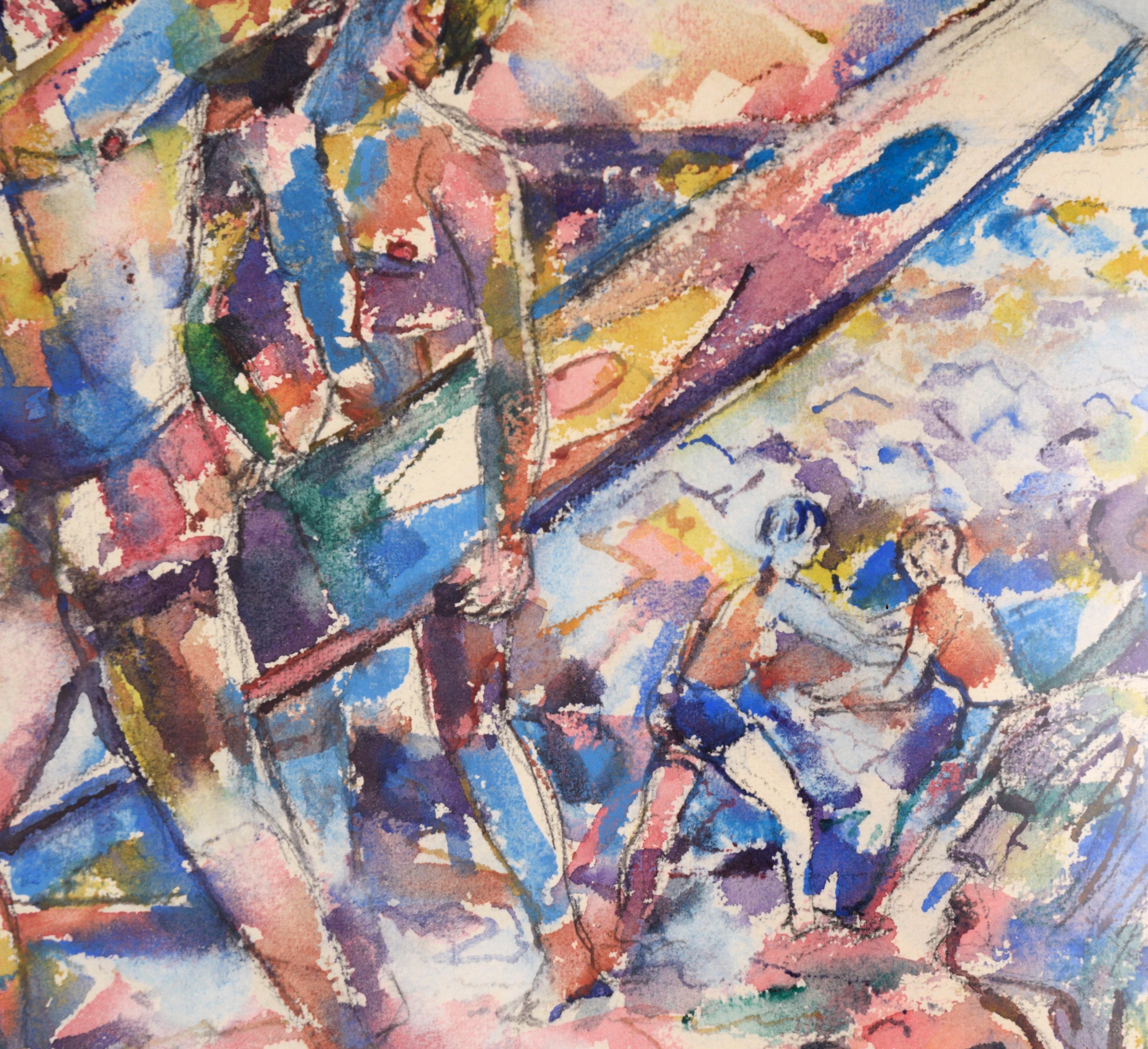 Surfers at the Chincoteague Island Beach, Mid Century Cubist Abstract - Beige Abstract Drawing by Carson Sutherlin Davenport
