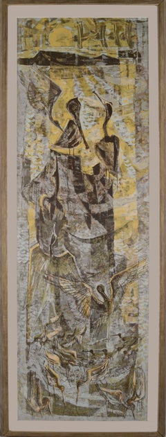 "Golden Haven" - Serigrafía vertical de doble panel moderna de mediados de siglo