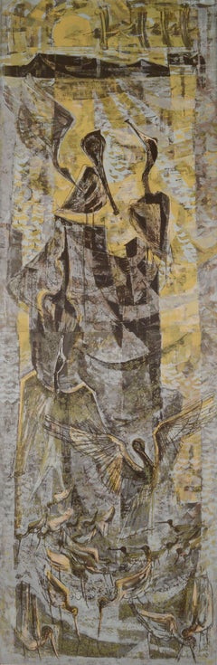 "Golden Haven" - Mid Century Modern Dual Panel Vertical Serigraph