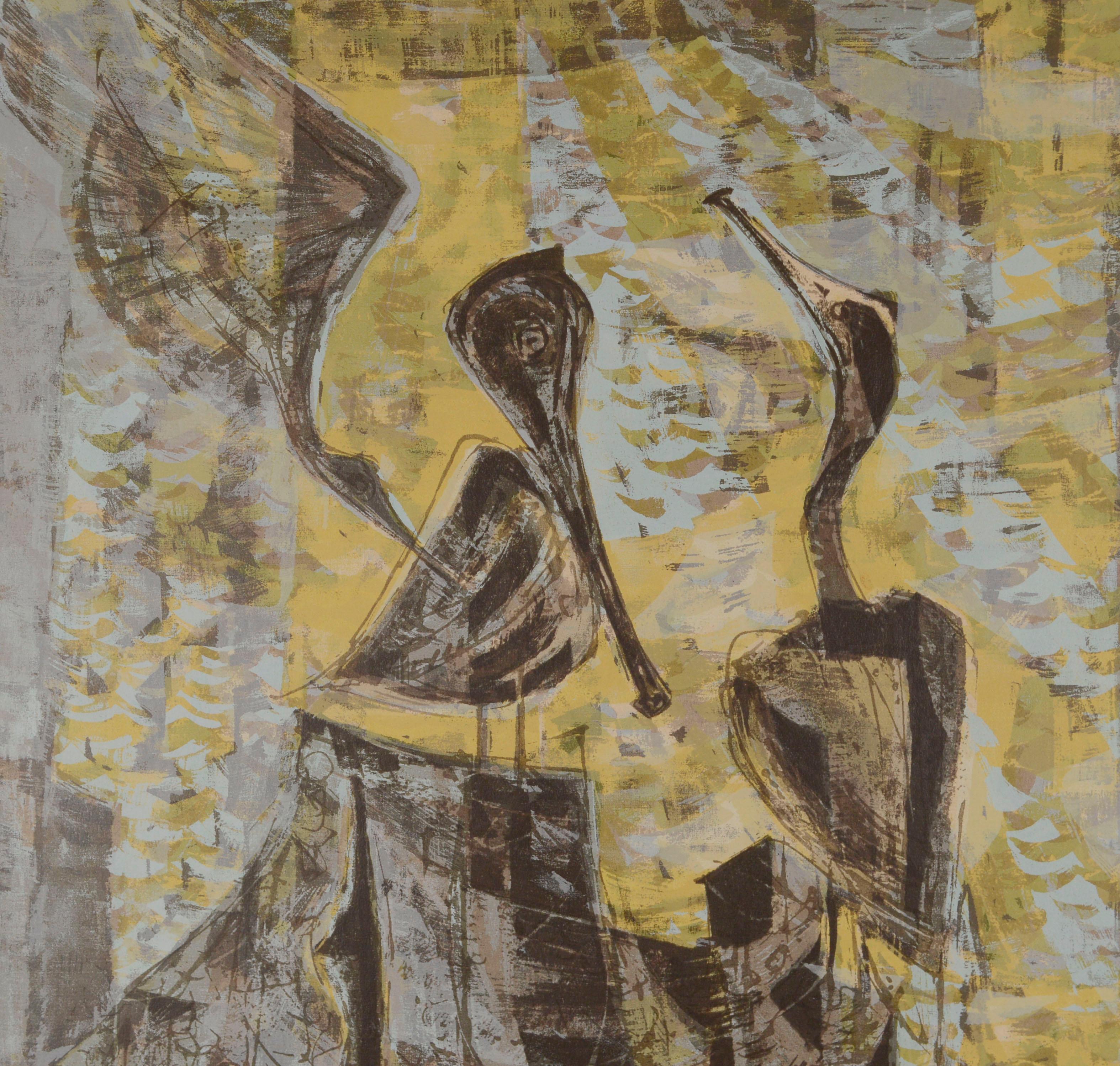 Magnifique abstraction figurative moderniste avec des oiseaux, une sérigraphie originale à grande échelle à double panneau vertical, 