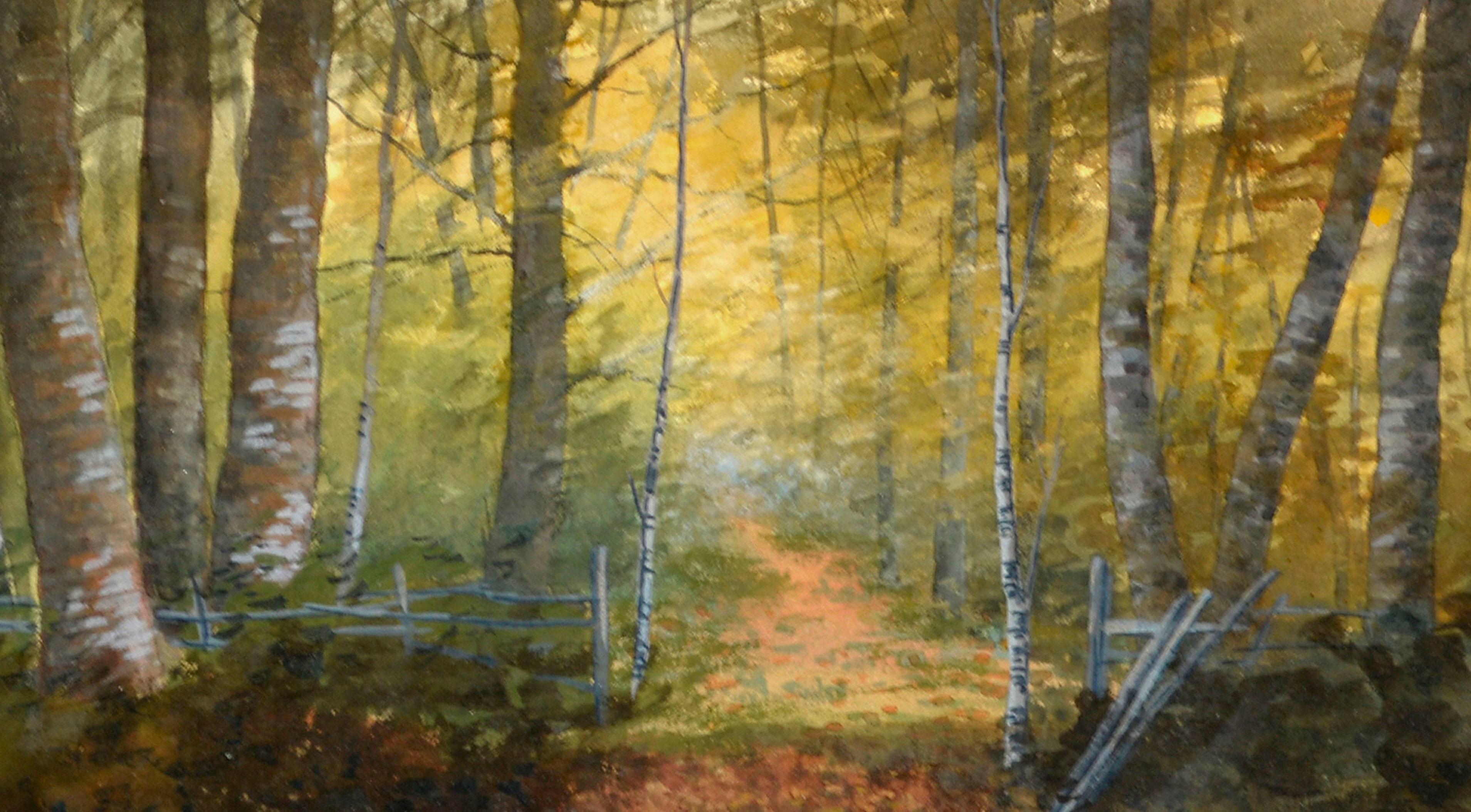 Birch Forest Glow Suffolk County, Historic New York Landscape - Brown Landscape Art by Susan Field Bissell