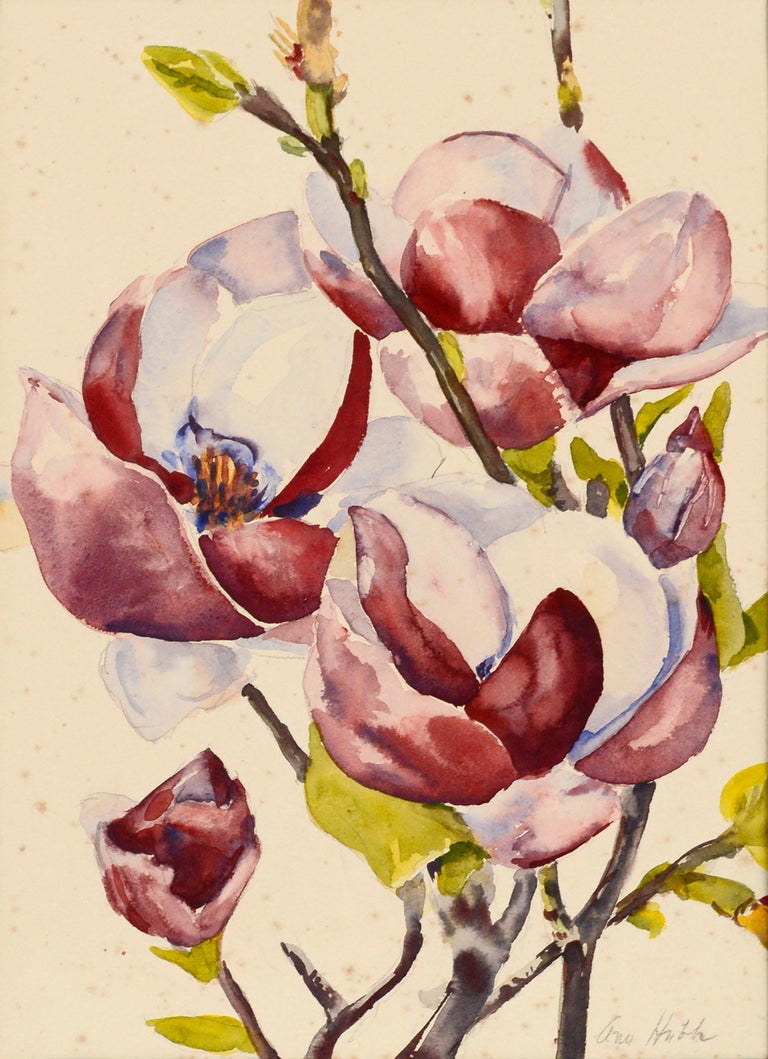 Beautiful mid century floral watercolor still-life of magnolia blossoms on budding branches by Ann Hobbs (American, 20th Century). Signed 
