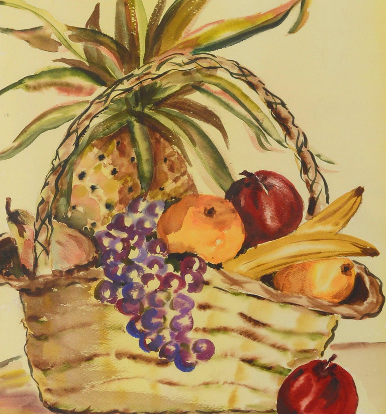 Cheerful mid century watercolor still-life of a basket of fruit by Luella Murphy (American, 20th Century). Signed 