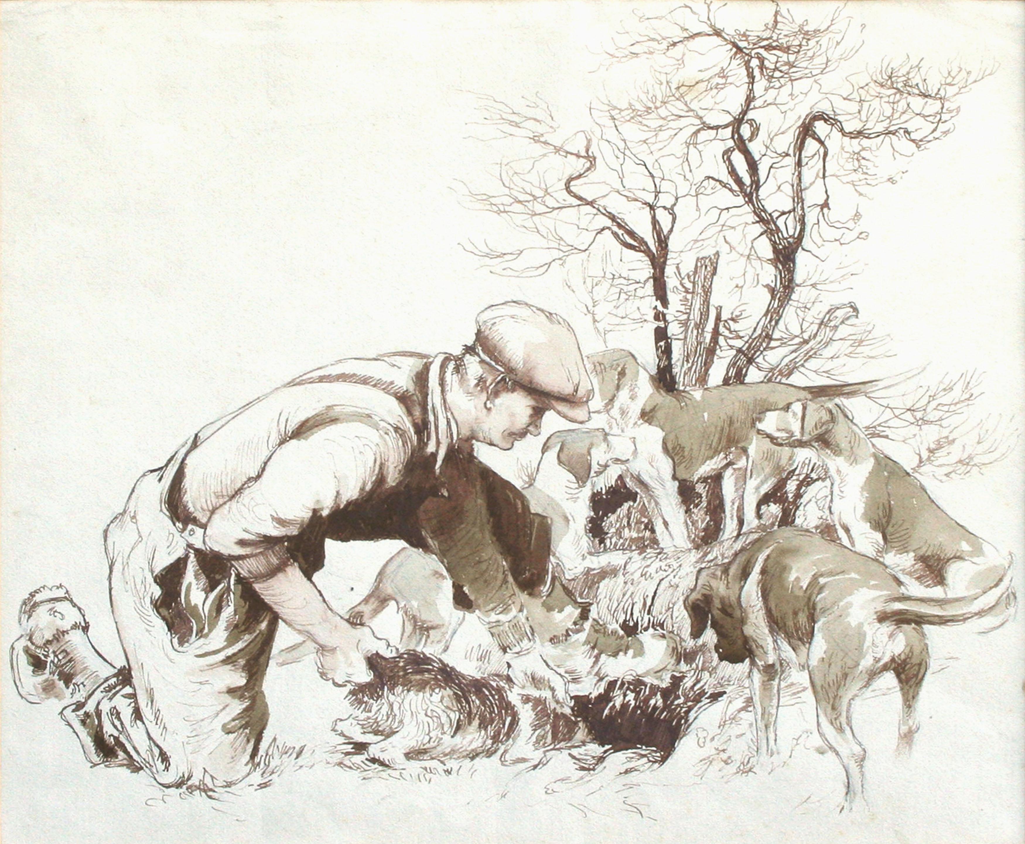 e sur  « La chasse » - dessin figuratif du début du XXe siècle avec chiens - Art de Unknown