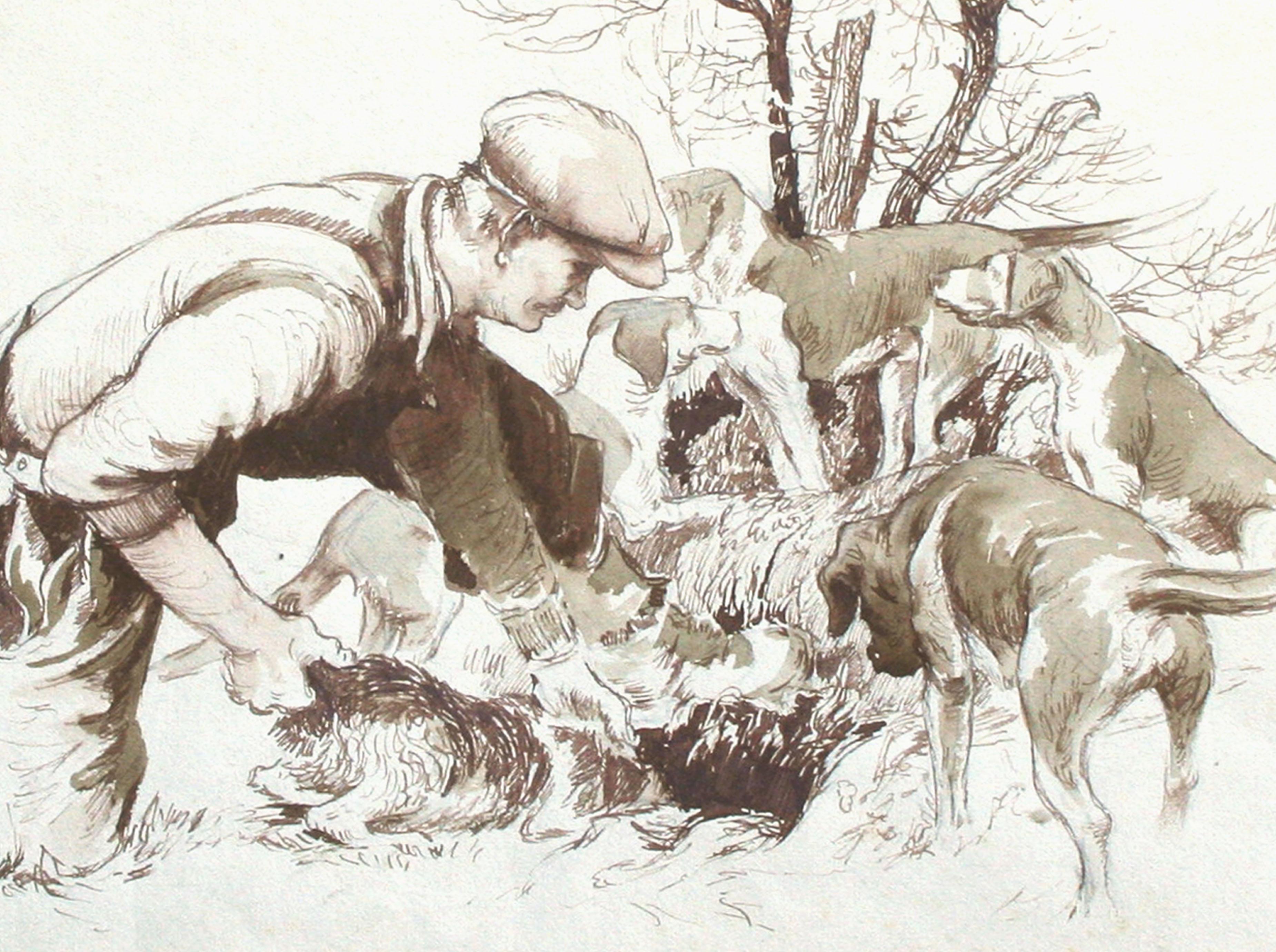 e sur  « La chasse » - dessin figuratif du début du XXe siècle avec chiens - Impressionnisme américain Art par Unknown