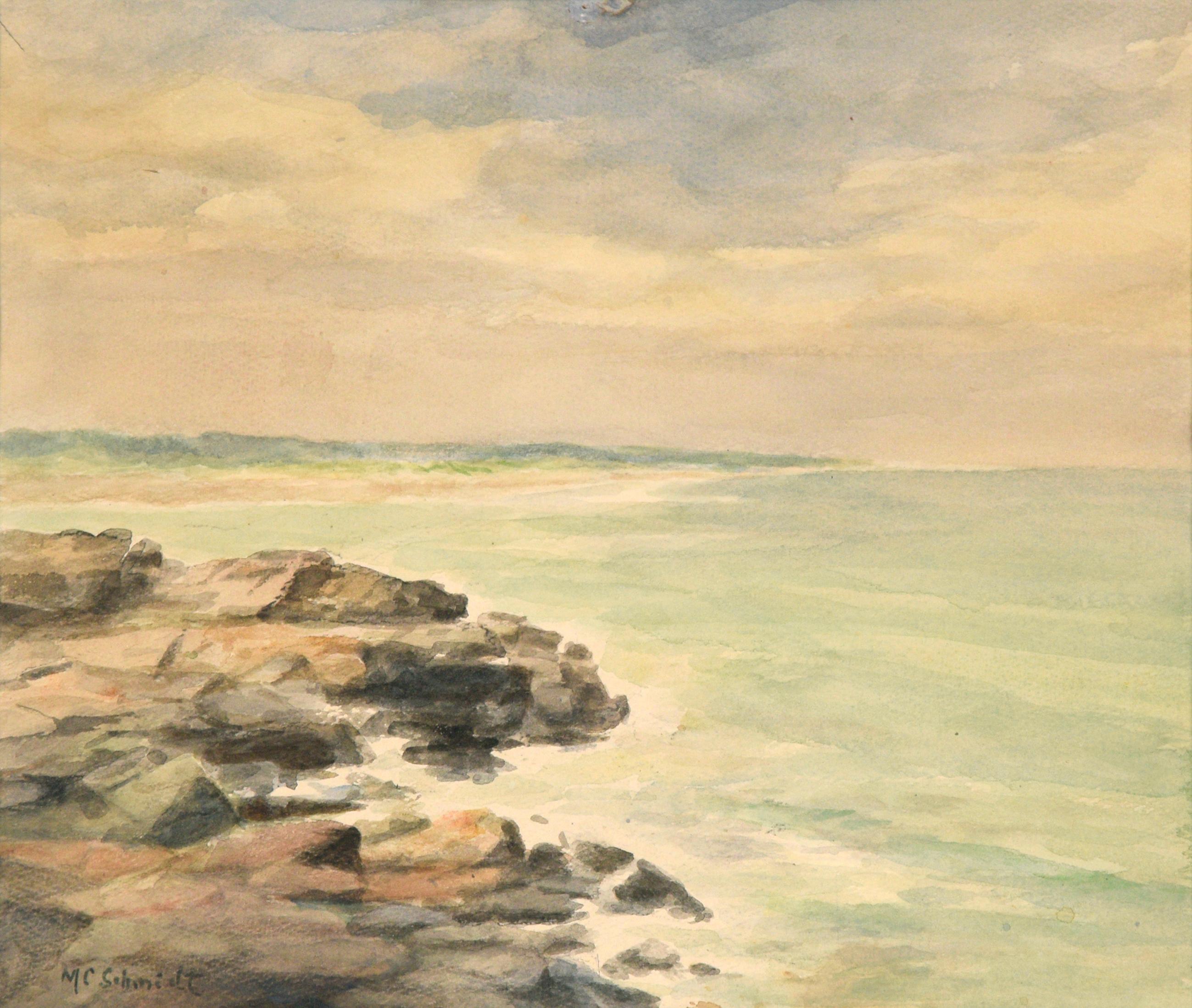 Rocky Shore, Mid Century Watercolor Seascape - Art by M. C. Schmidt
