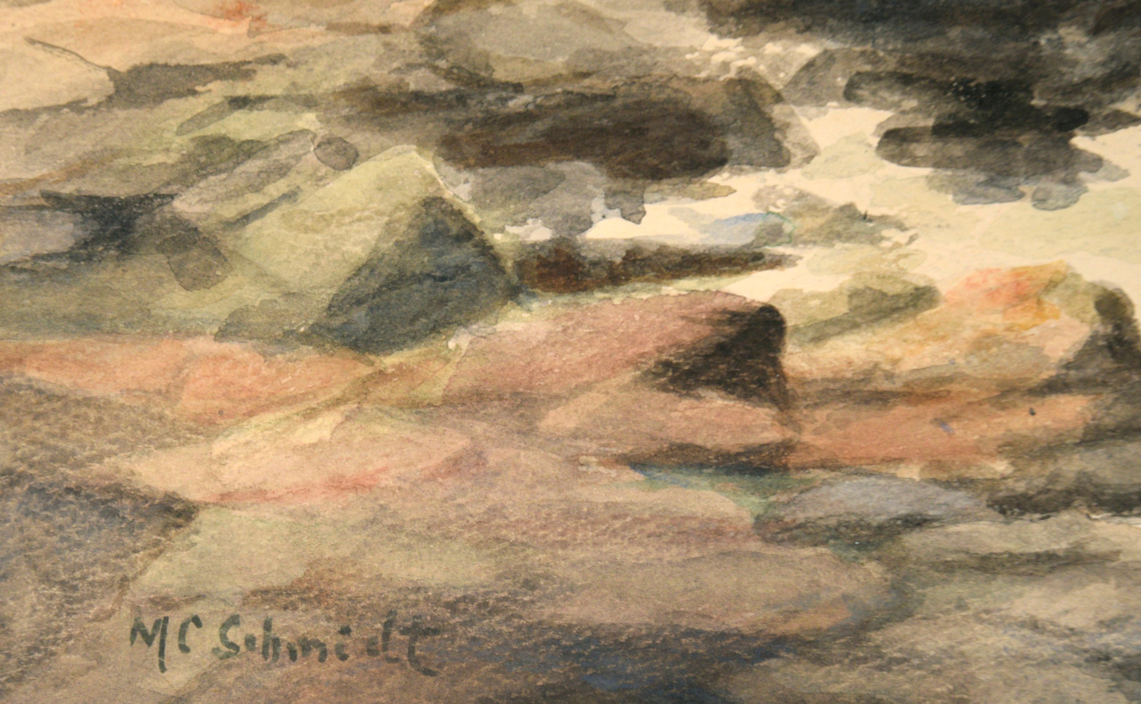 Rocky Shore, Mid Century Watercolor Seascape - Beige Landscape Art by M. C. Schmidt