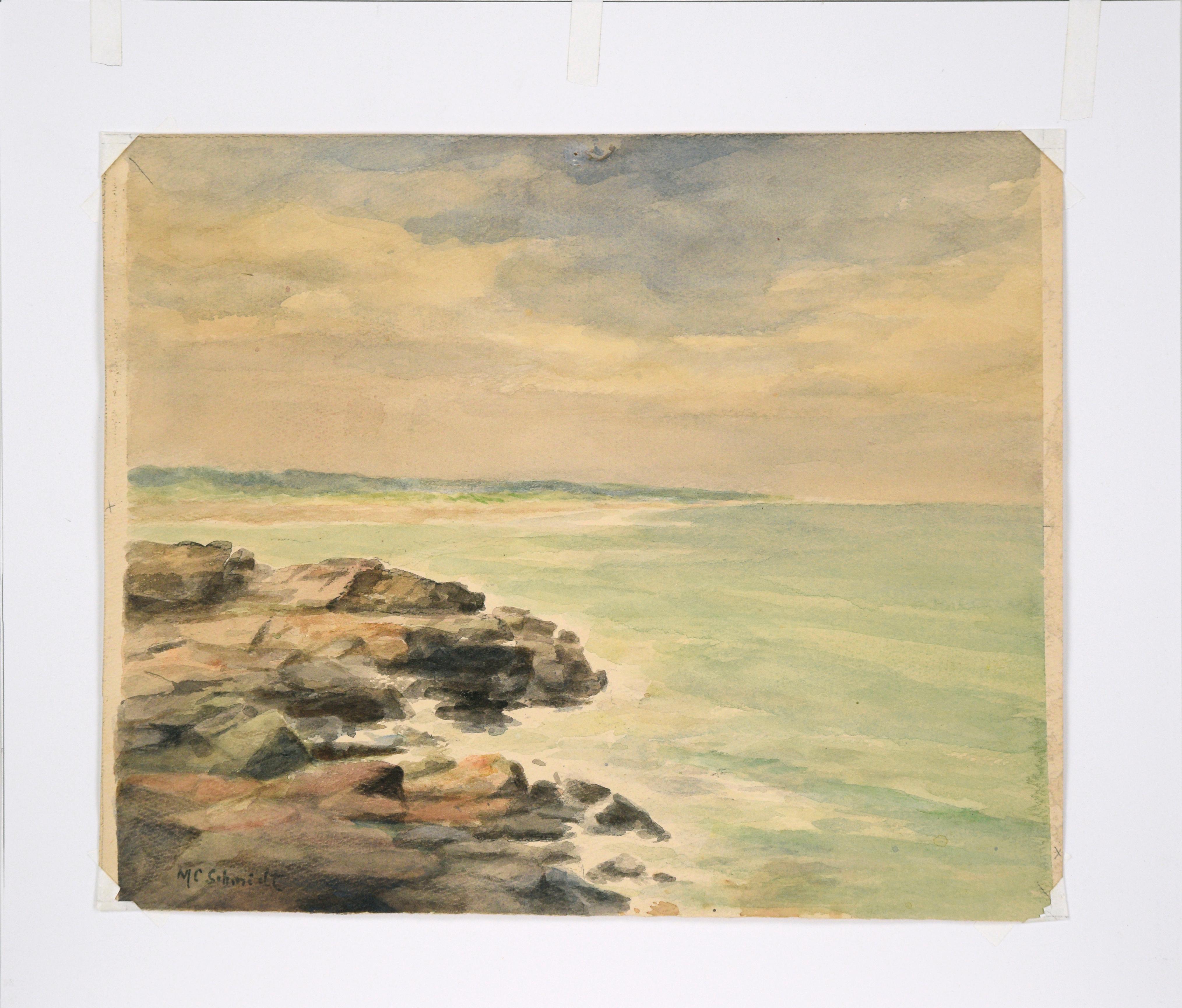 Serene mid century watercolor seascape signed by unknown artist M. C. Schmidt. Signed in the lower left corner. Presented in a new buff mat with foamcore backing. Paper size: 11.88