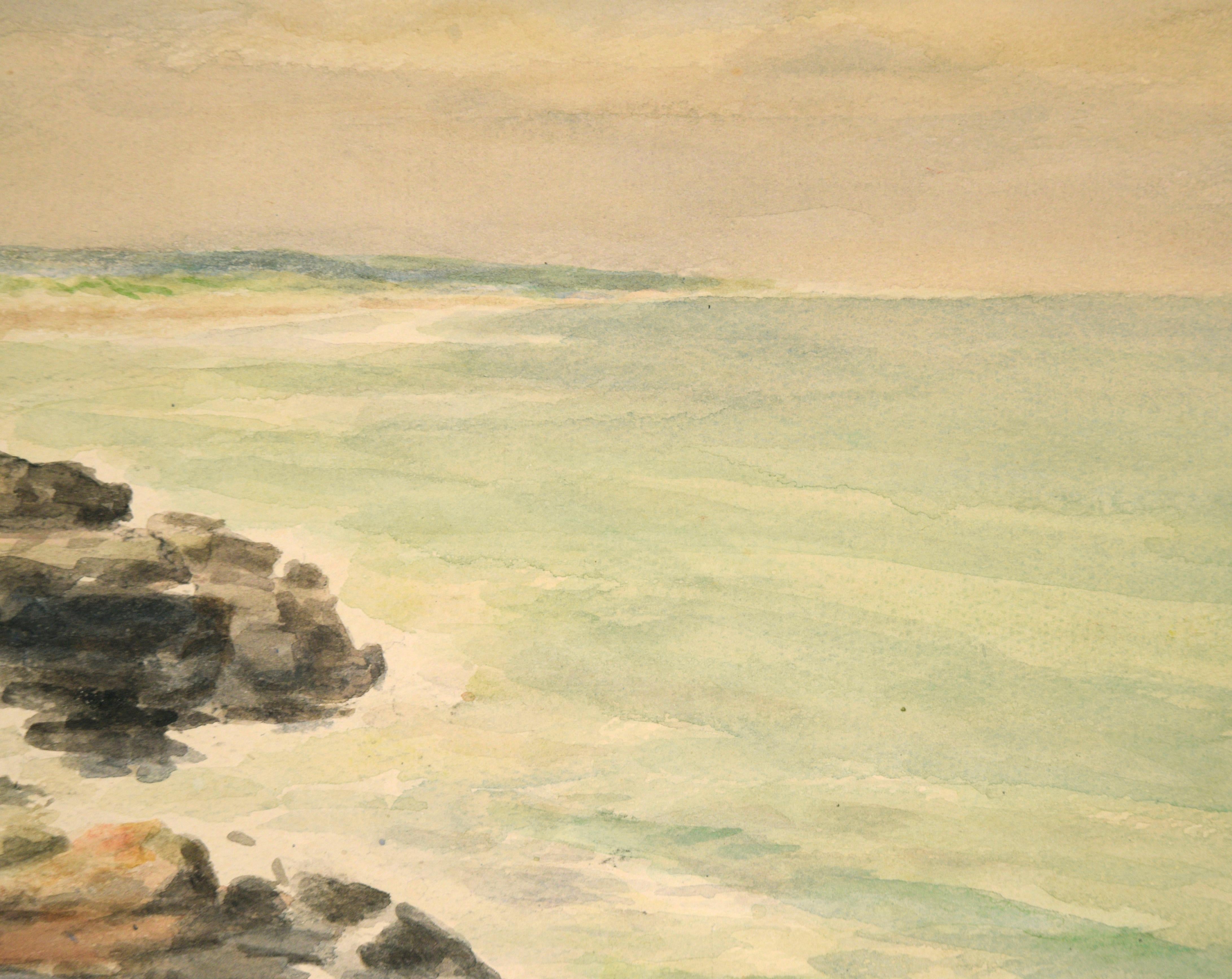 Rocky Shore, Mid Century Watercolor Seascape - Impressionist Art by M. C. Schmidt