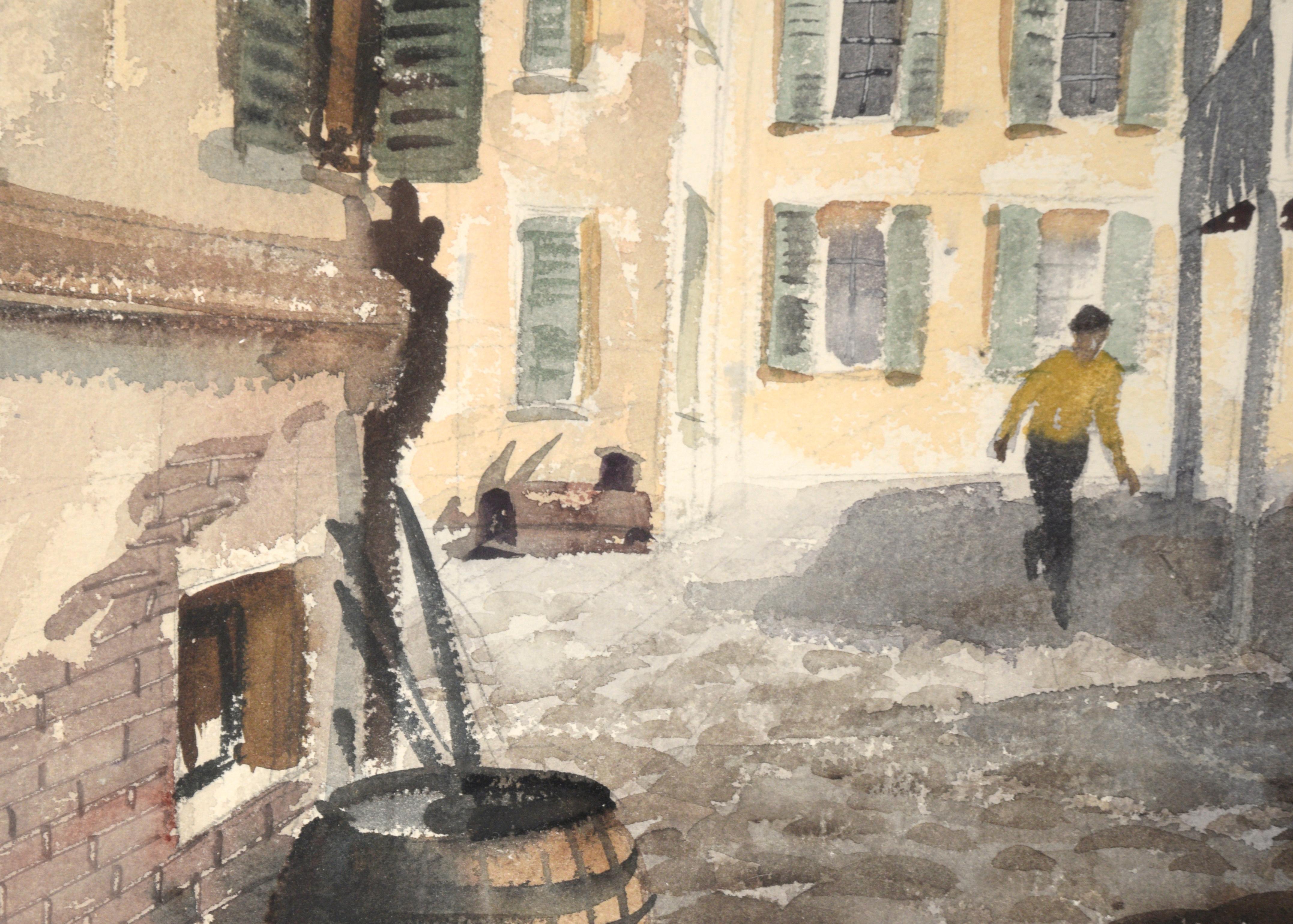 Detailed watercolor city scene of figures going about daily life in between houses, with a parked green bicycle by Alexander Kortner (American, 1905-1999). Signed 
