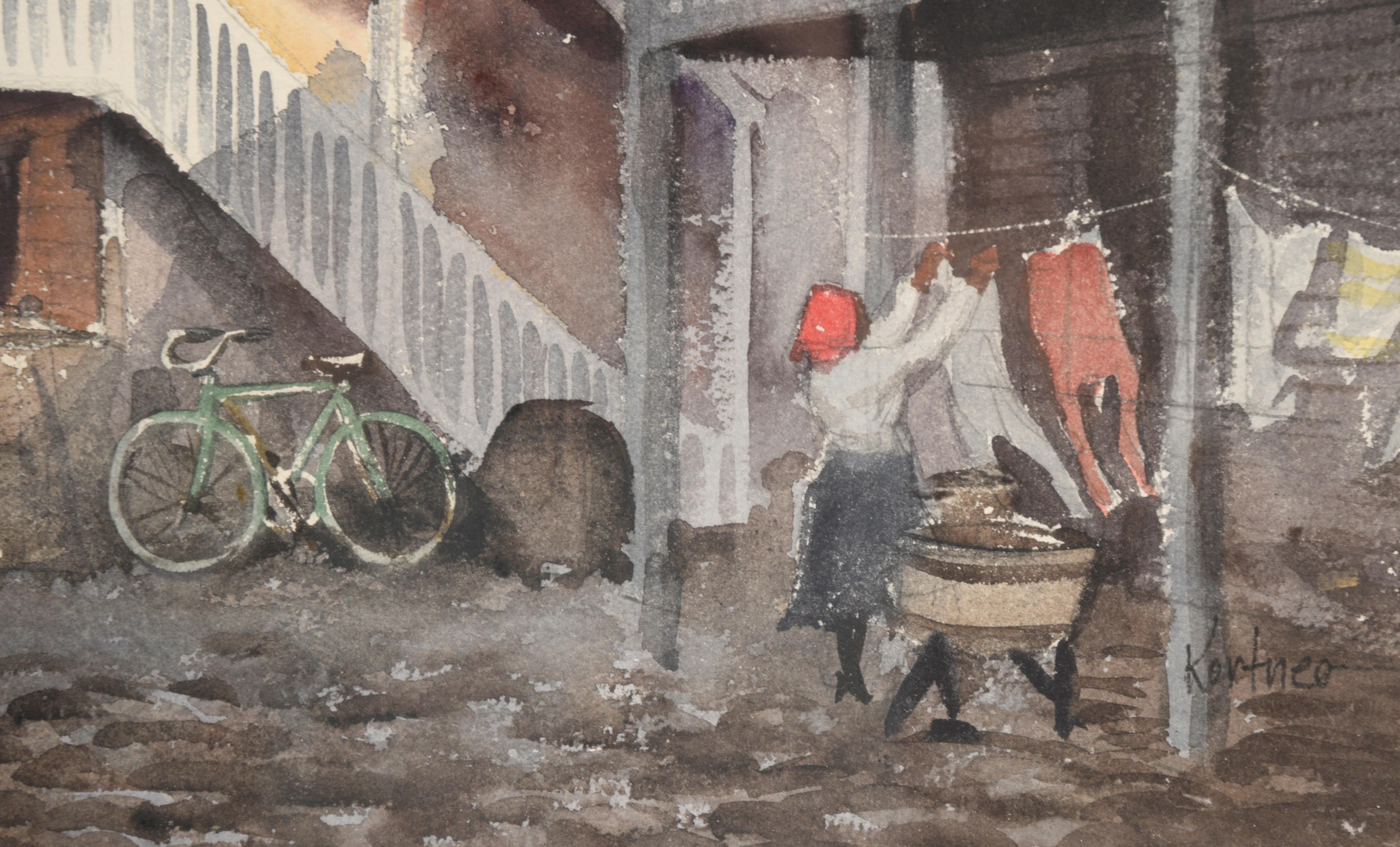 Watercolor Street Scene with Figures & Bicycle 1