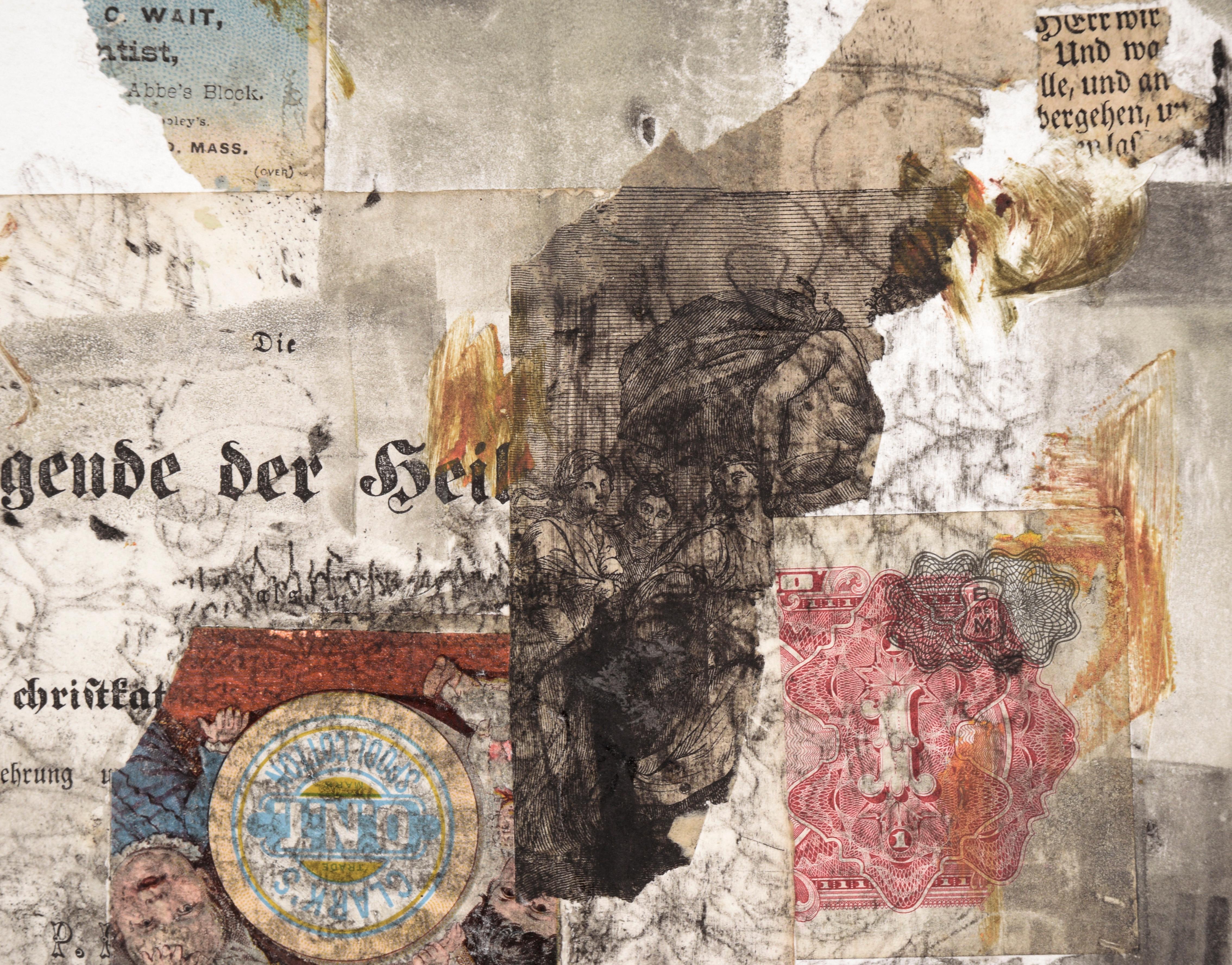 Contemporary abstract painting and collage composition with stamps, various types of paper, and watercolor by Michael Pauker (American, b. 1957). With found object scraps of vintage german text. 

Signed in the lower right corner 