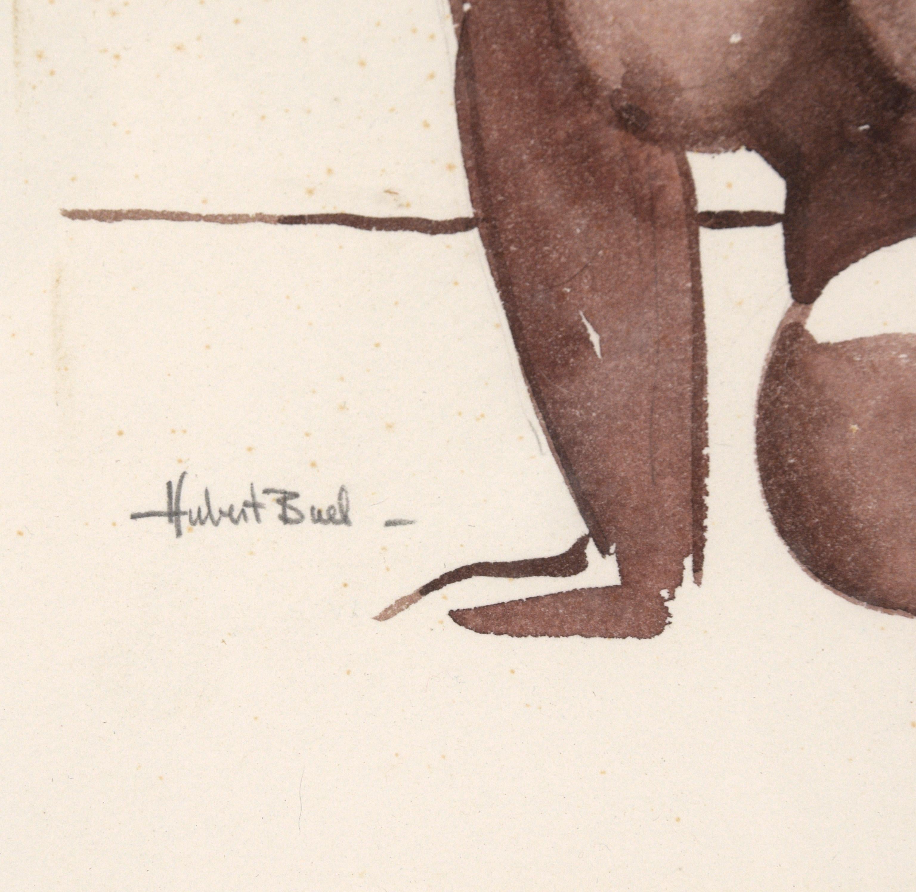 Aquarellierte Figurenstudie aus der Mitte des Jahrhunderts, eine lebendige Darstellung einer liegenden nackten Frau des Bay Area Figurative Movement Künstlers Hubert Buel (Amerikaner, 1915-1984). Signiert in der unteren linken Ecke. Präsentiert in