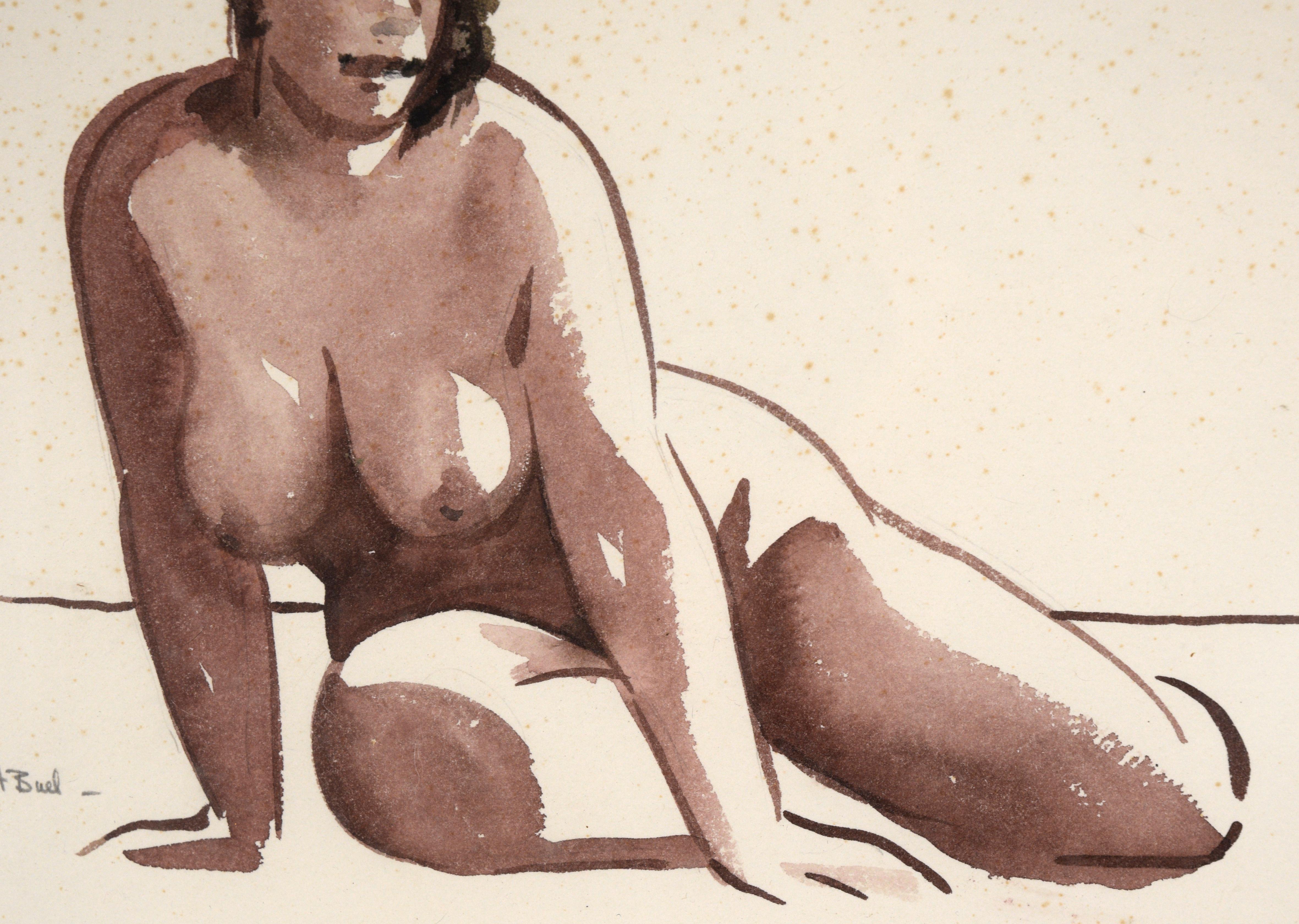 Desnudo reclinado - Movimiento figurativo de mediados de siglo en el área de la bahía Estudio de figura femenina - Figurative Art Beige de Hubert Buel