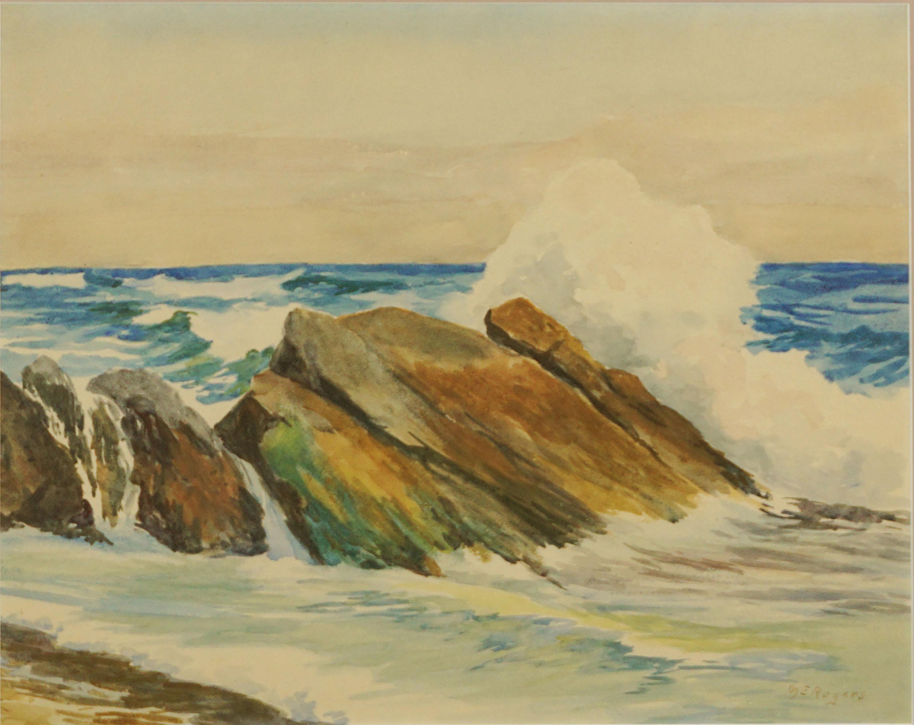 Mid Century Crashing Surf on Rocks Seascape - Art by Margaret Esther Rogers