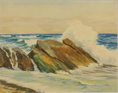 Paesaggio marino di metà secolo con onde che si infrangono sulle rocce