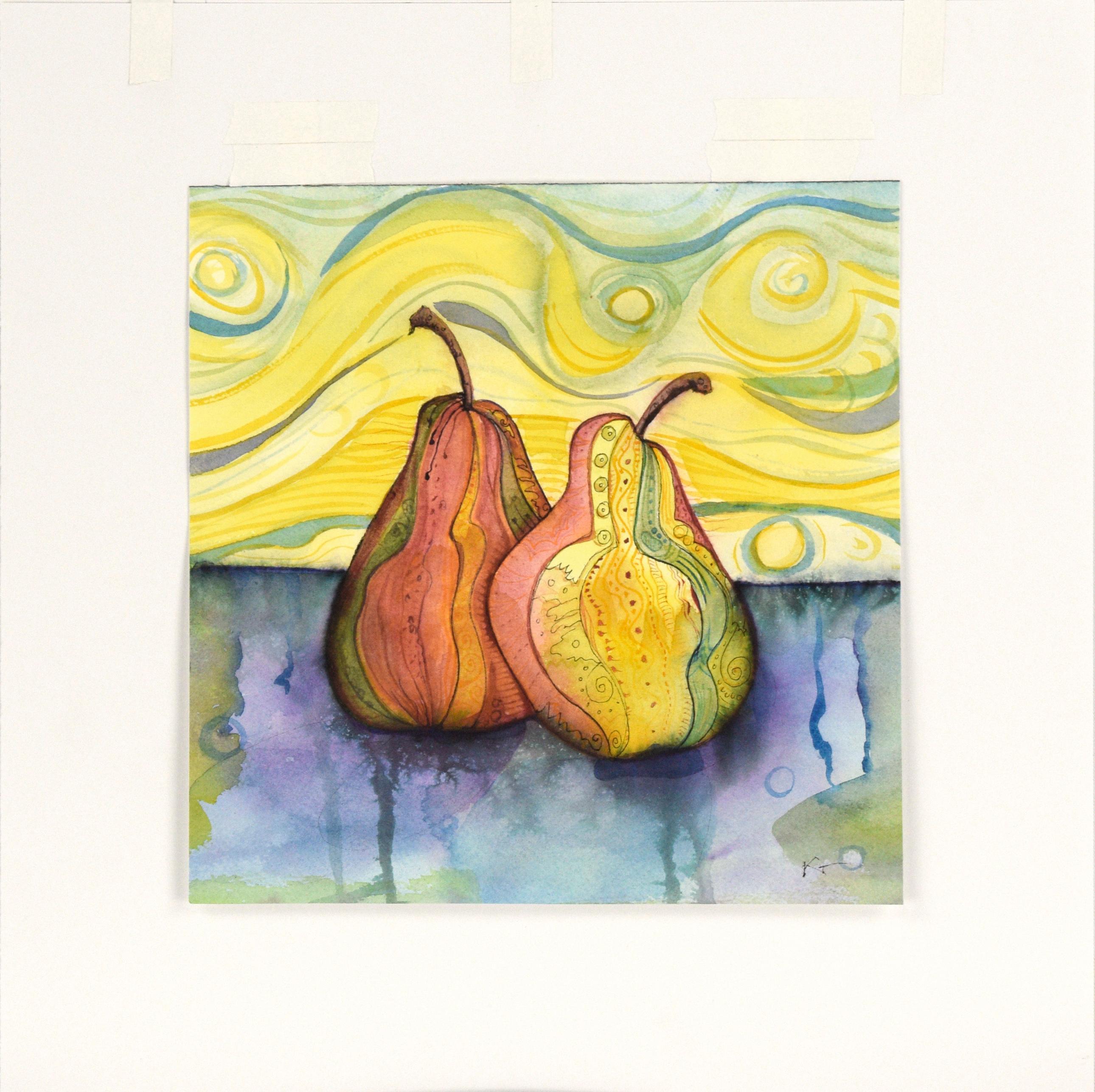 „Riffed Pears“ – Aquarell-Stillleben im Angebot 1