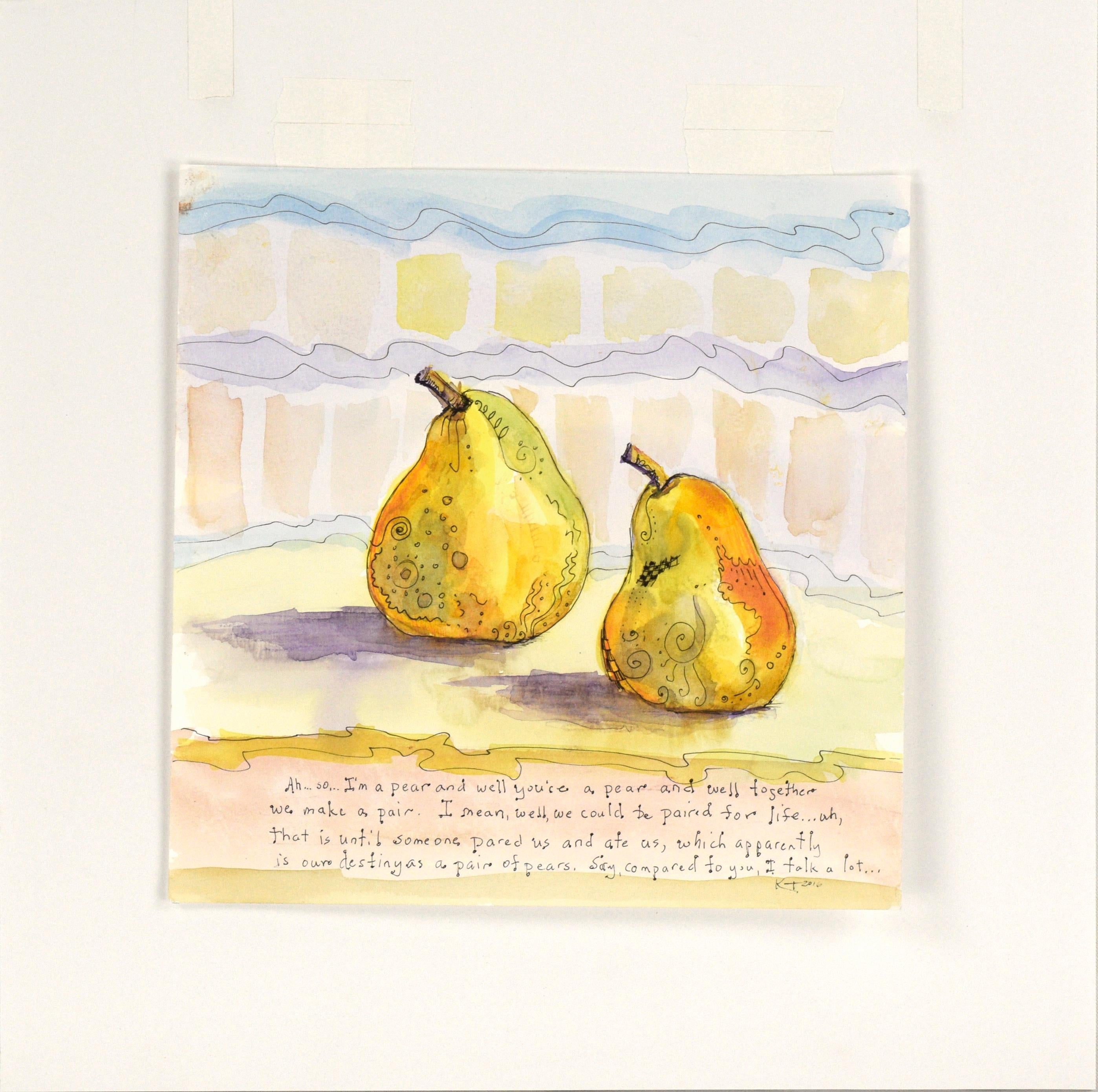 Whimsical watercolor of pears with dialogue by Kathy Garvey (American, b. 1949). Initialed an dated 