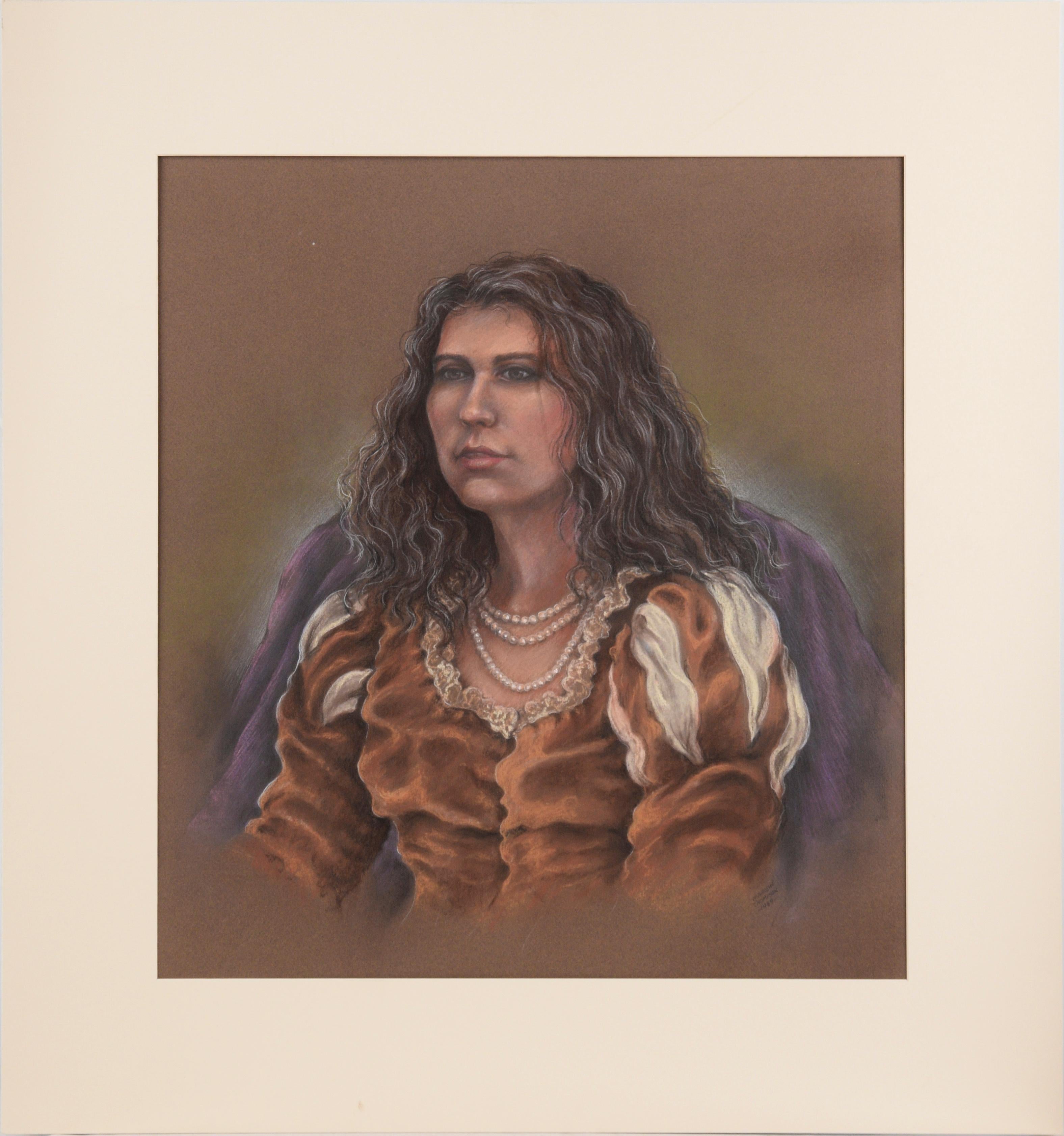 Retrato al pastel de una mujer de Shakespeare con perlas