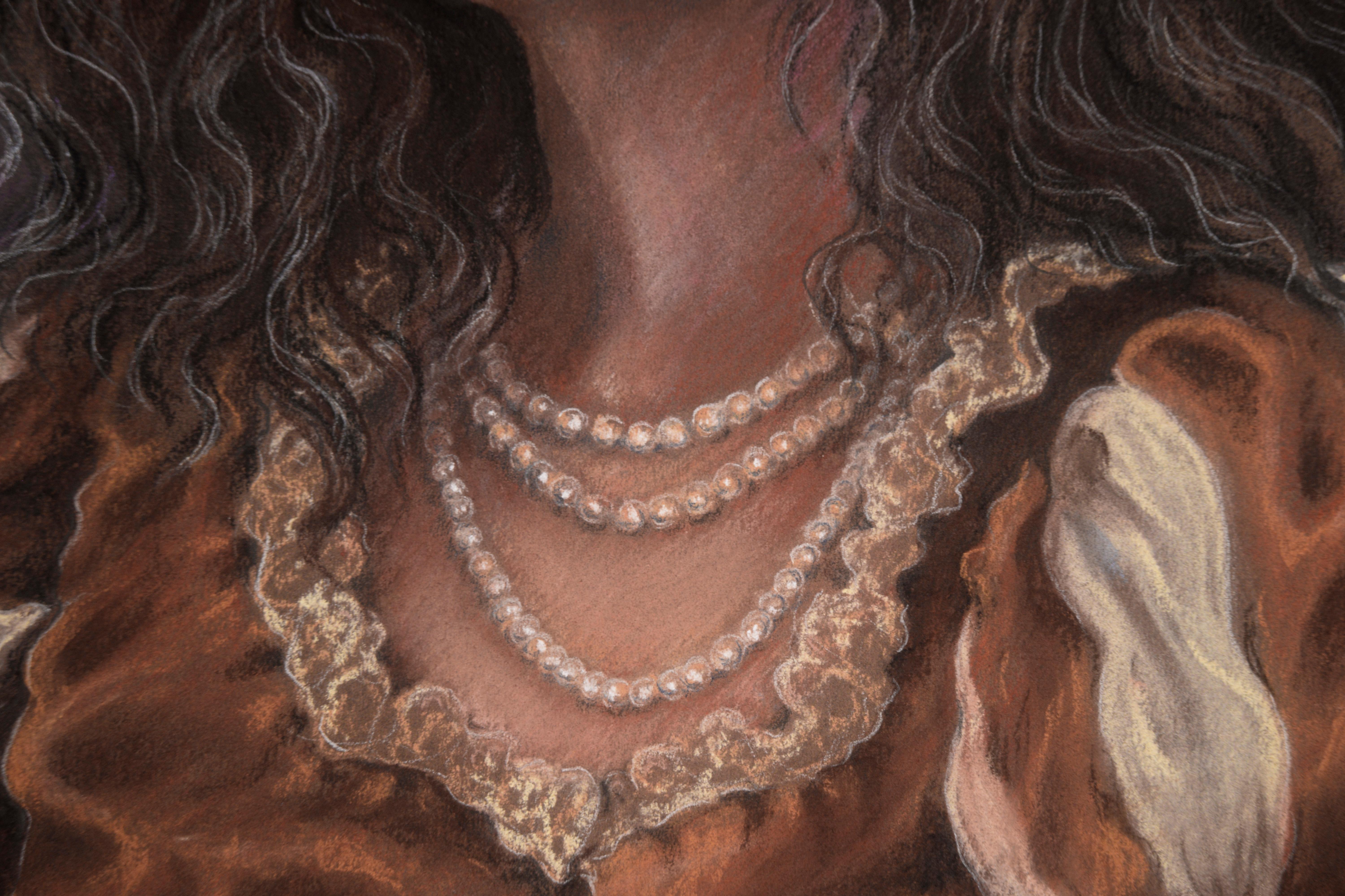 Intricately detailed realist figurative pastel drawing of a woman in Shakespearean clothing by Palo Alto artist Marilyn Thompson (American, 1927-2015), 1989. The woman's pearl necklace and puffy sleeved garment, as well as each individual strand of