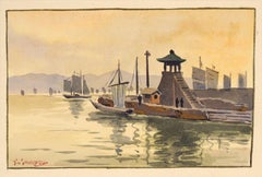 Sailboats at the Dock, Impressionist Watercolor, Signed, 20th Century