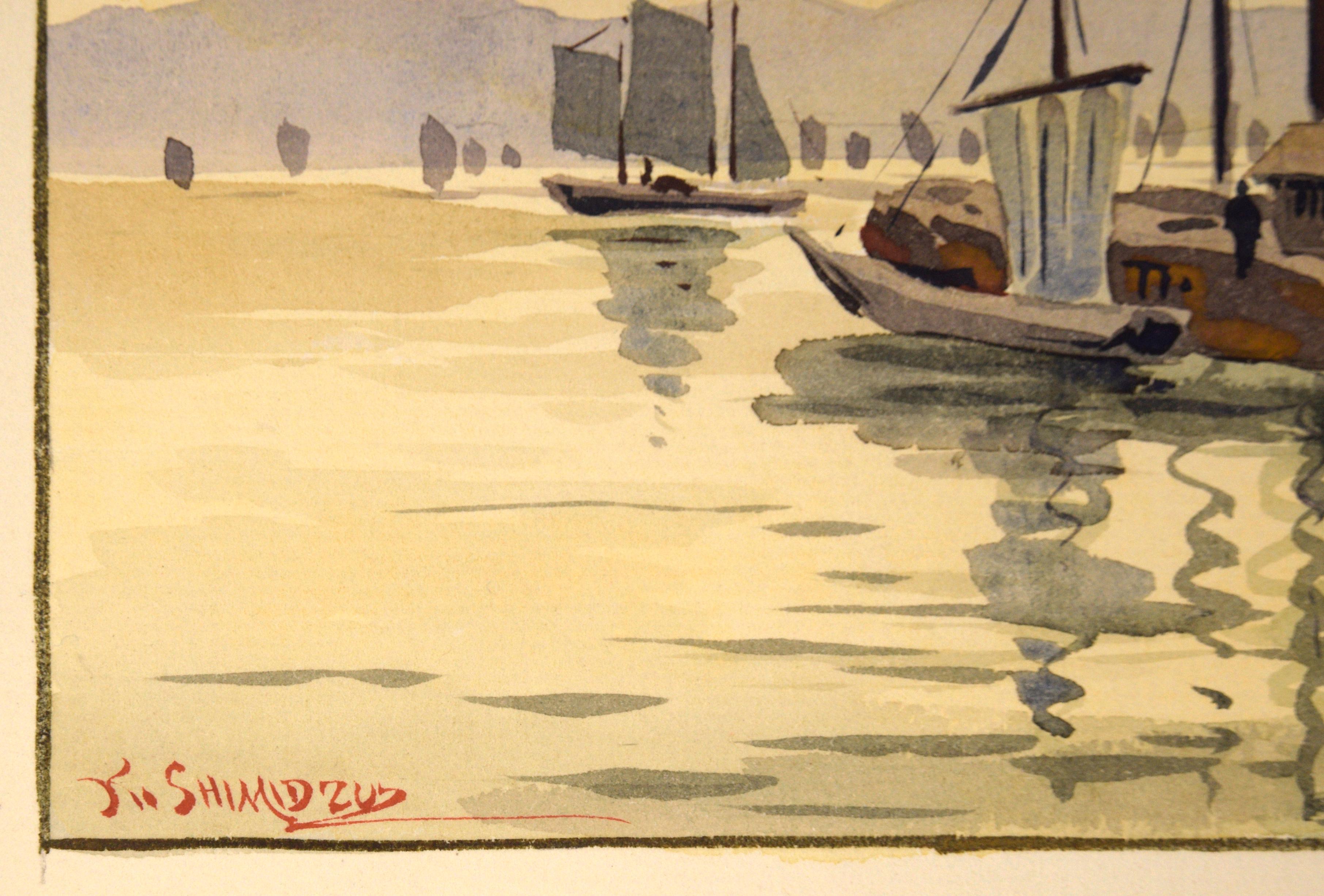 Peaceful seascape with boats and a dock by Yoshiro Shimidzu (Japanese, 20th Century). Signed in the lower left corner. 