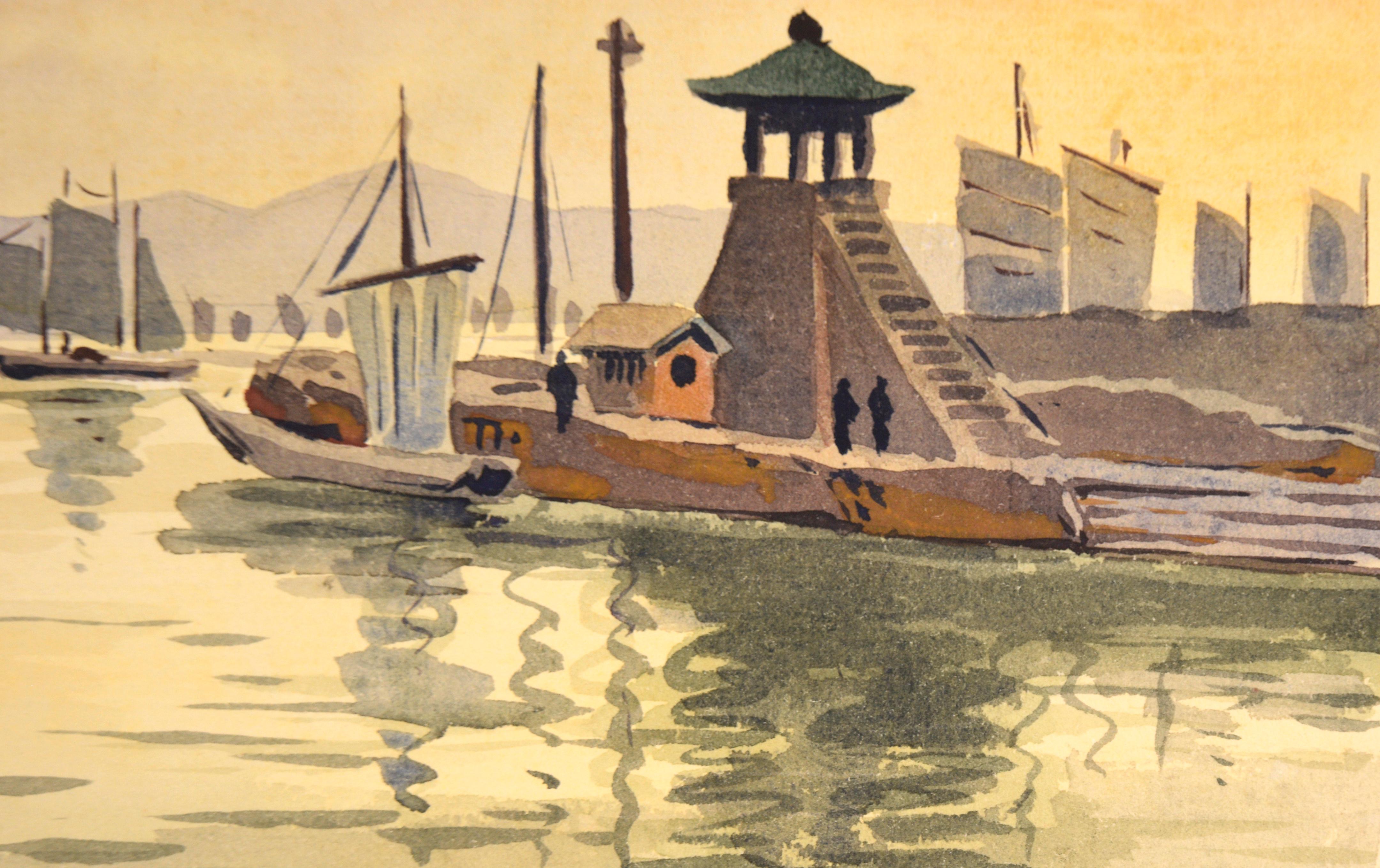 Sailboats at the Dock - Seascape - Orange Landscape Art by Yoshiro Shimidzu