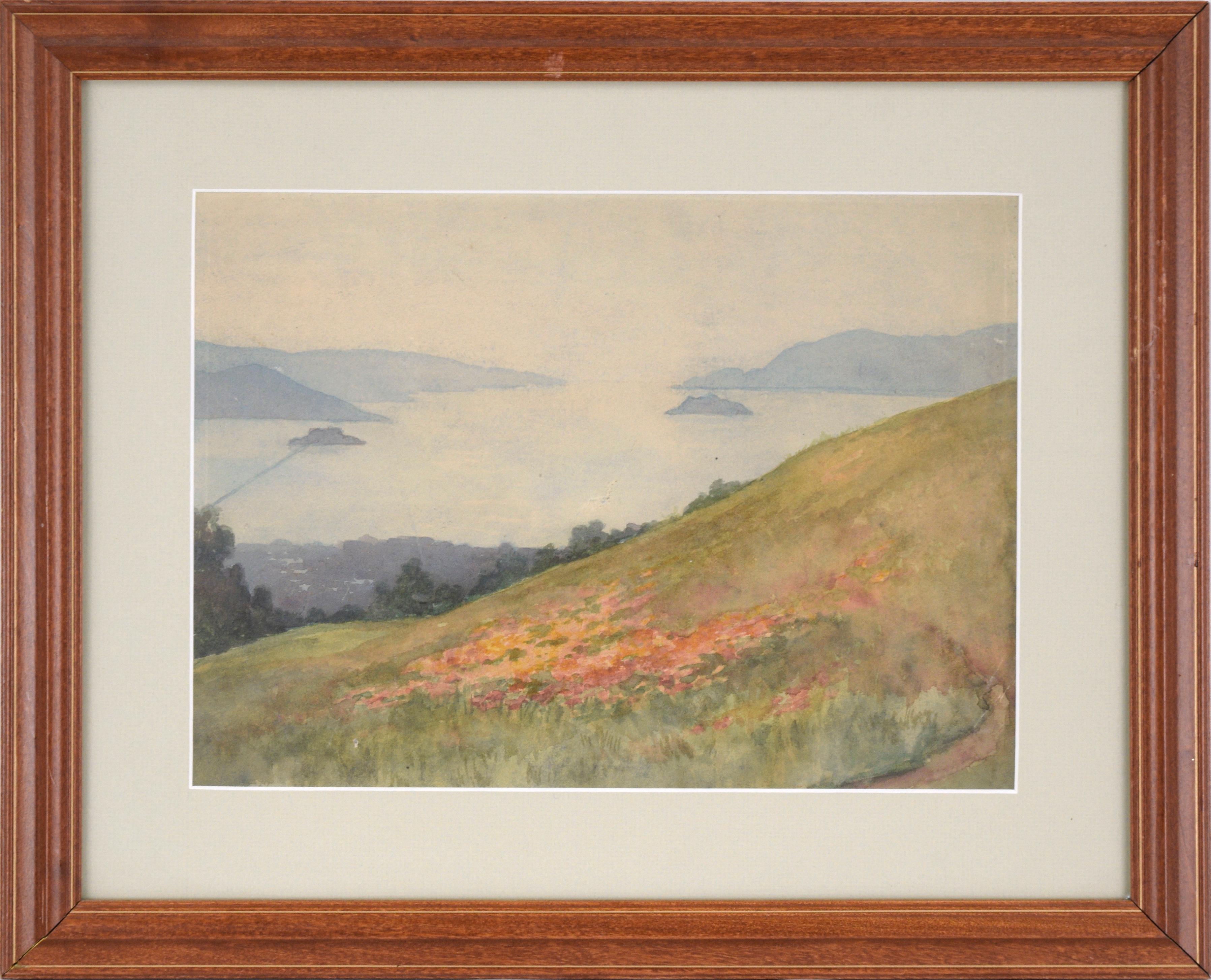 Unknown Landscape Art - Overlooking the Bay, Mid-Century Coastal Landscape Watercolor 