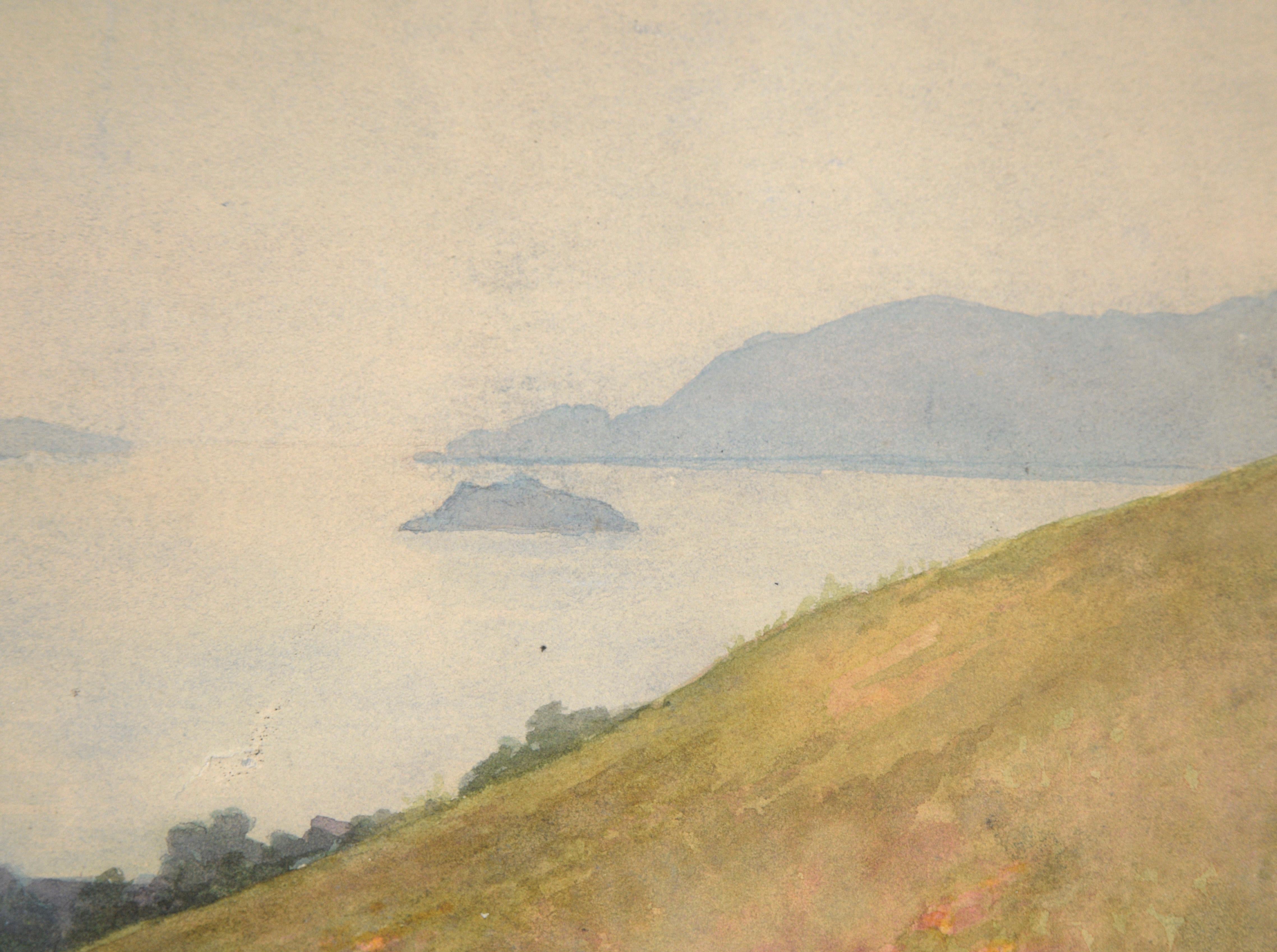 Overlooking the Bay, Mid-Century Coastal Landscape Watercolor  - Beige Landscape Art by Unknown