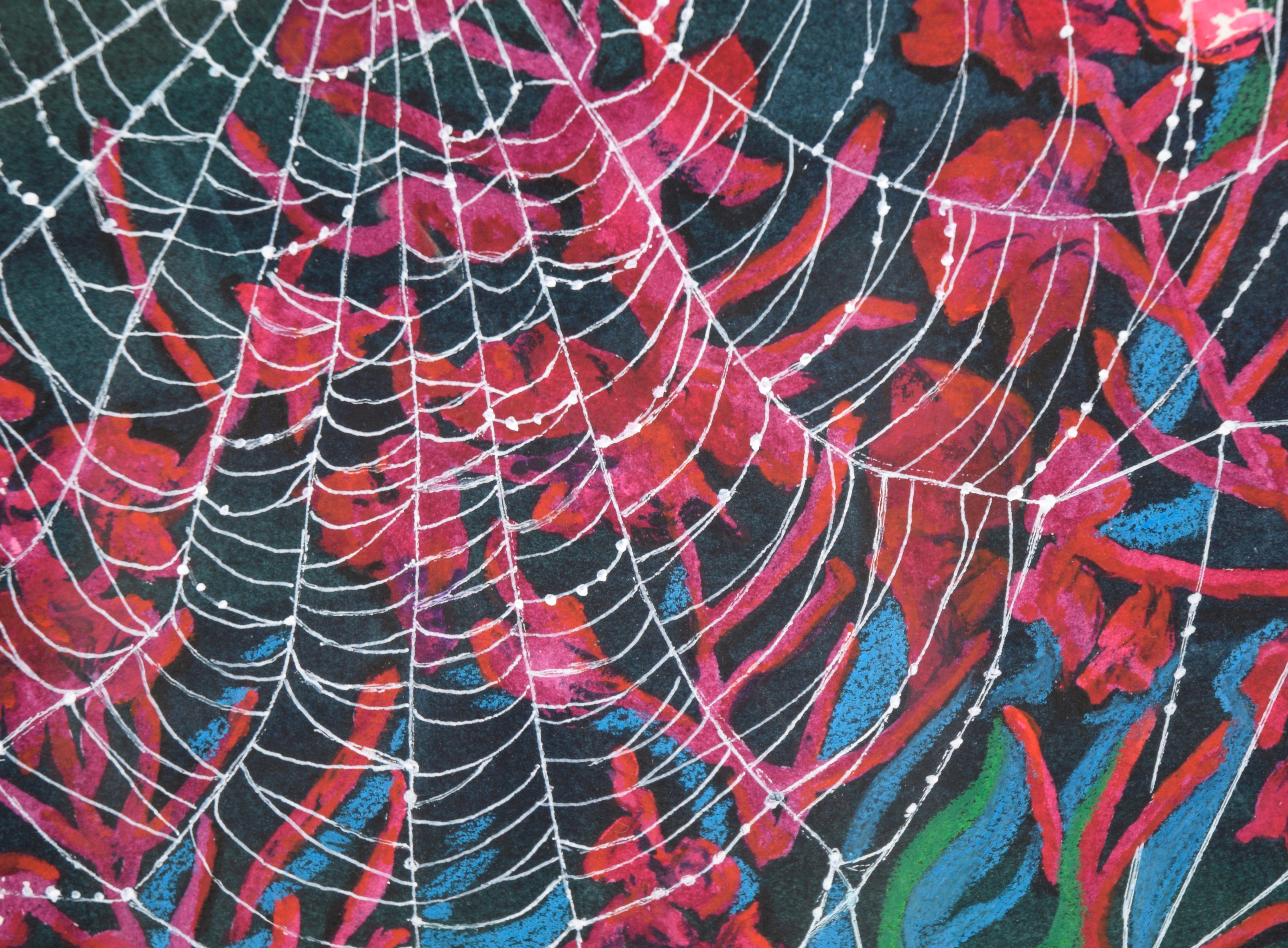 Représentation détaillée et vibrante d'une toile d'araignée par Doris Howard (Américaine, née en 1935). Signé 