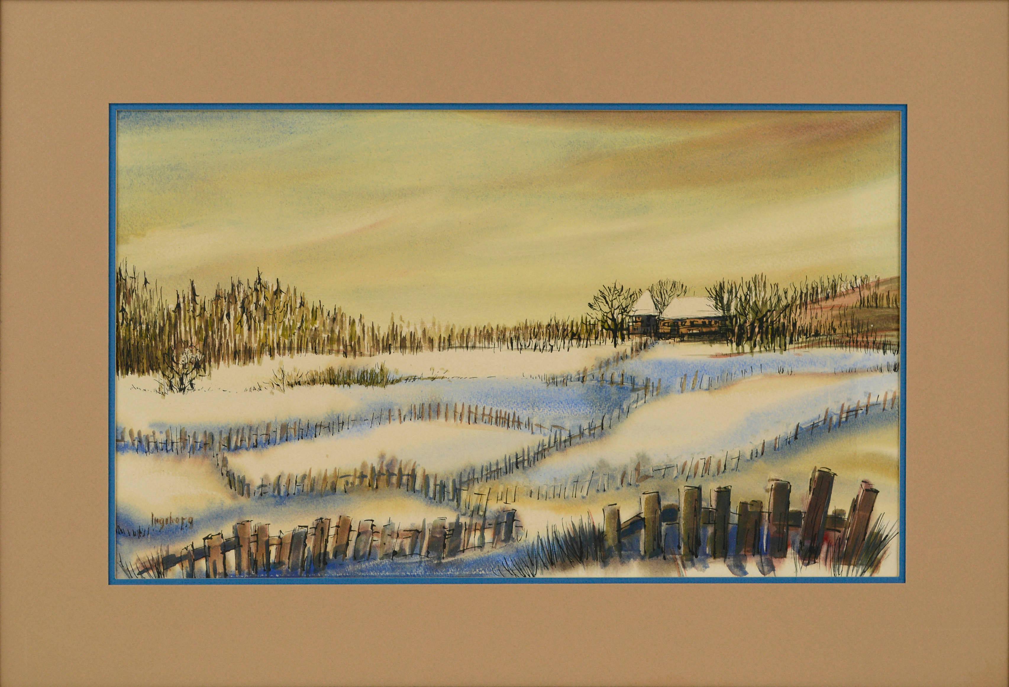 Mid Century Winter Farm Landscape - Art by Ingeborg Christensen 