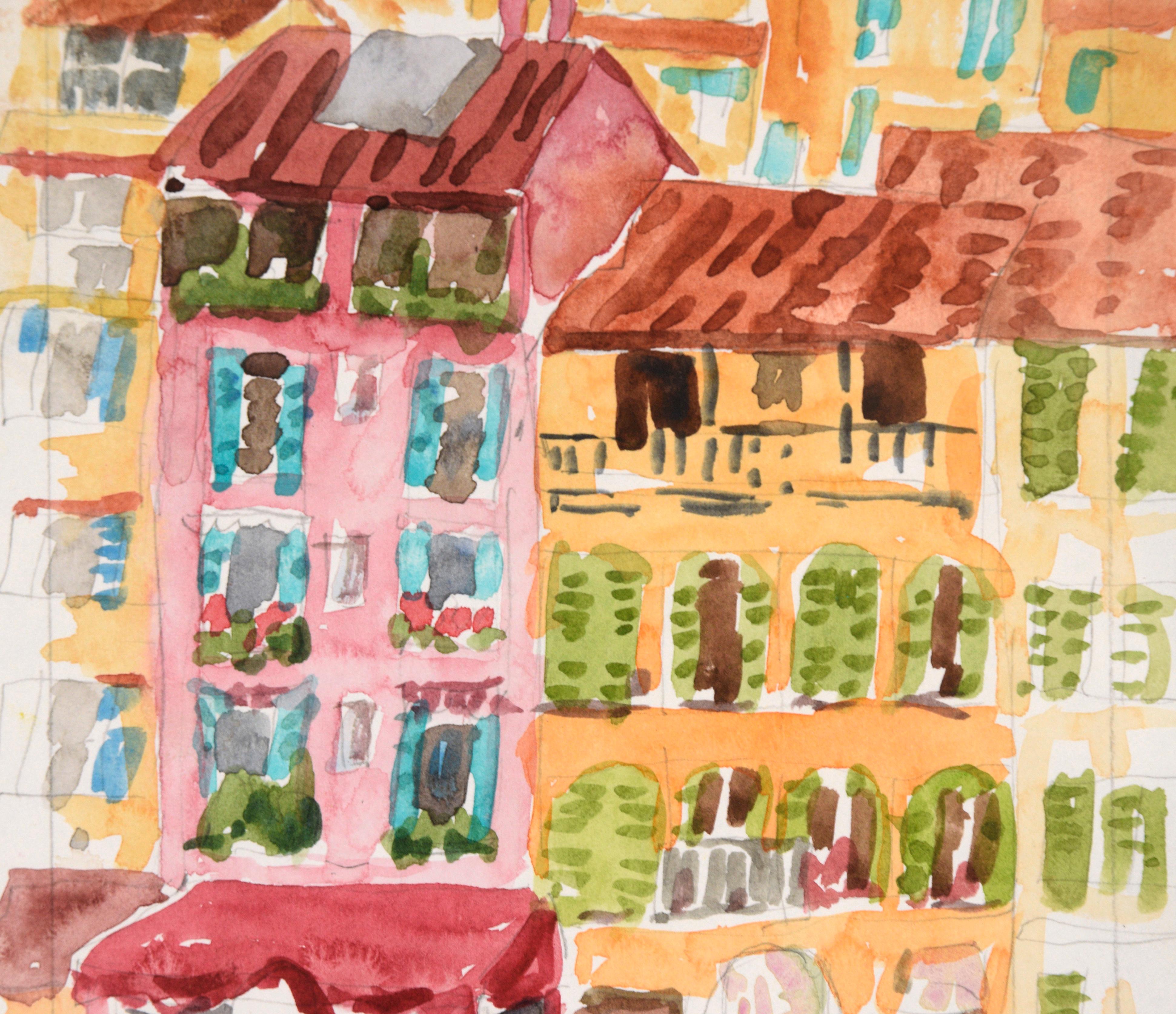 Animada representación de Cannes, Francia, de la artista californiana Shelley Lazarus (estadounidense, nacida en 1936). Información del artista en el verso (redactada para proteger la intimidad). Presentado en un marco de madera roja con doble
