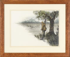 The Fly Fisherman, Figurative Landscape Watercolor 