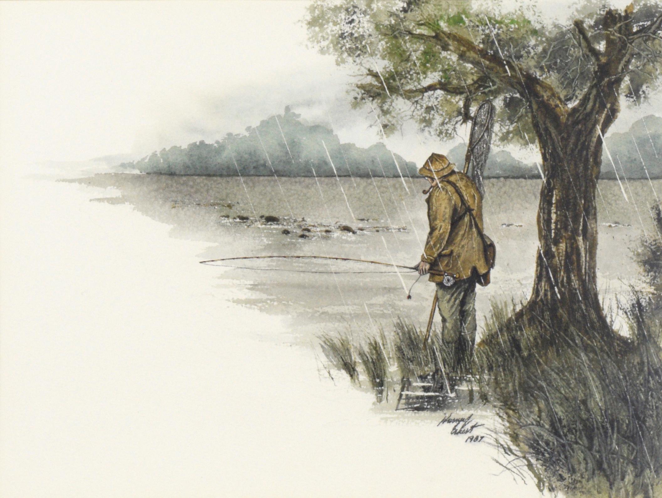 The Fly Fisherman, Figurative Landscape Watercolor  - Art by Harvey Eckert