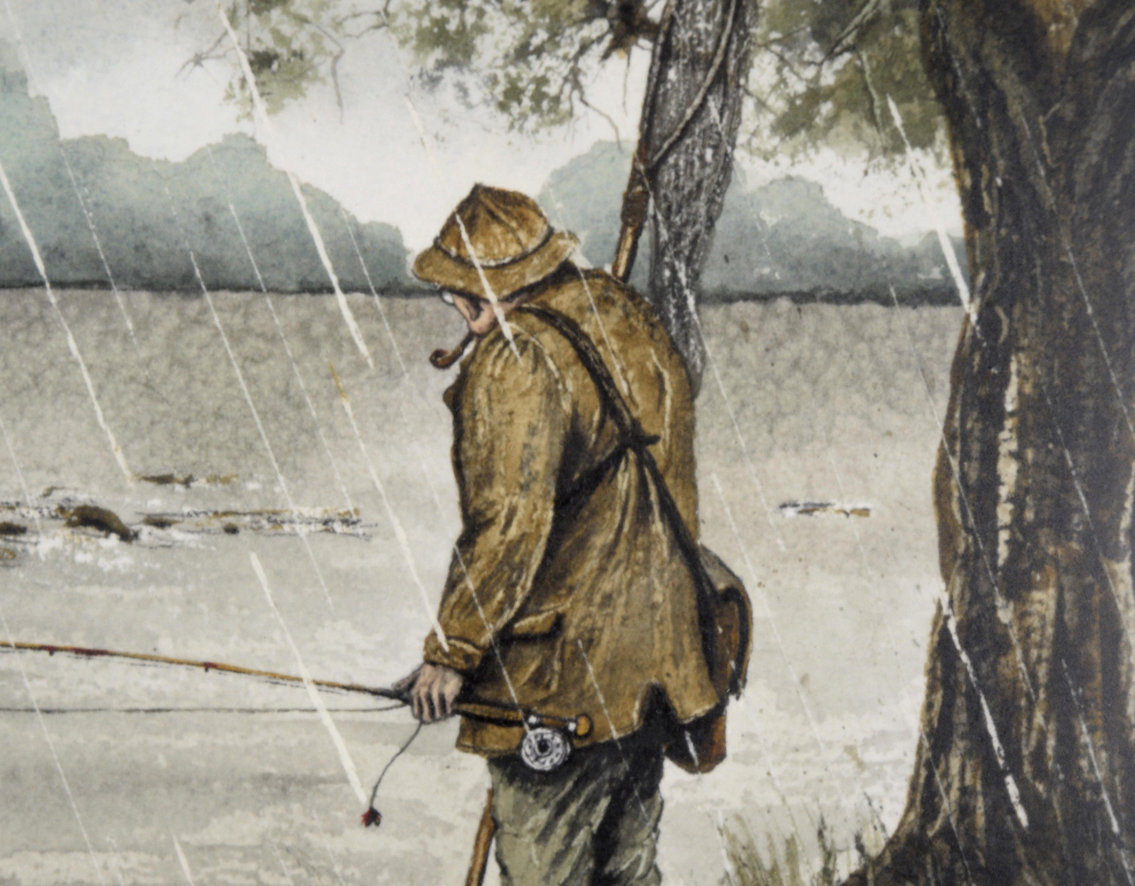 The Fly Fisherman, aquarelle de paysage figuratif  - Beige Landscape Art par Harvey Eckert