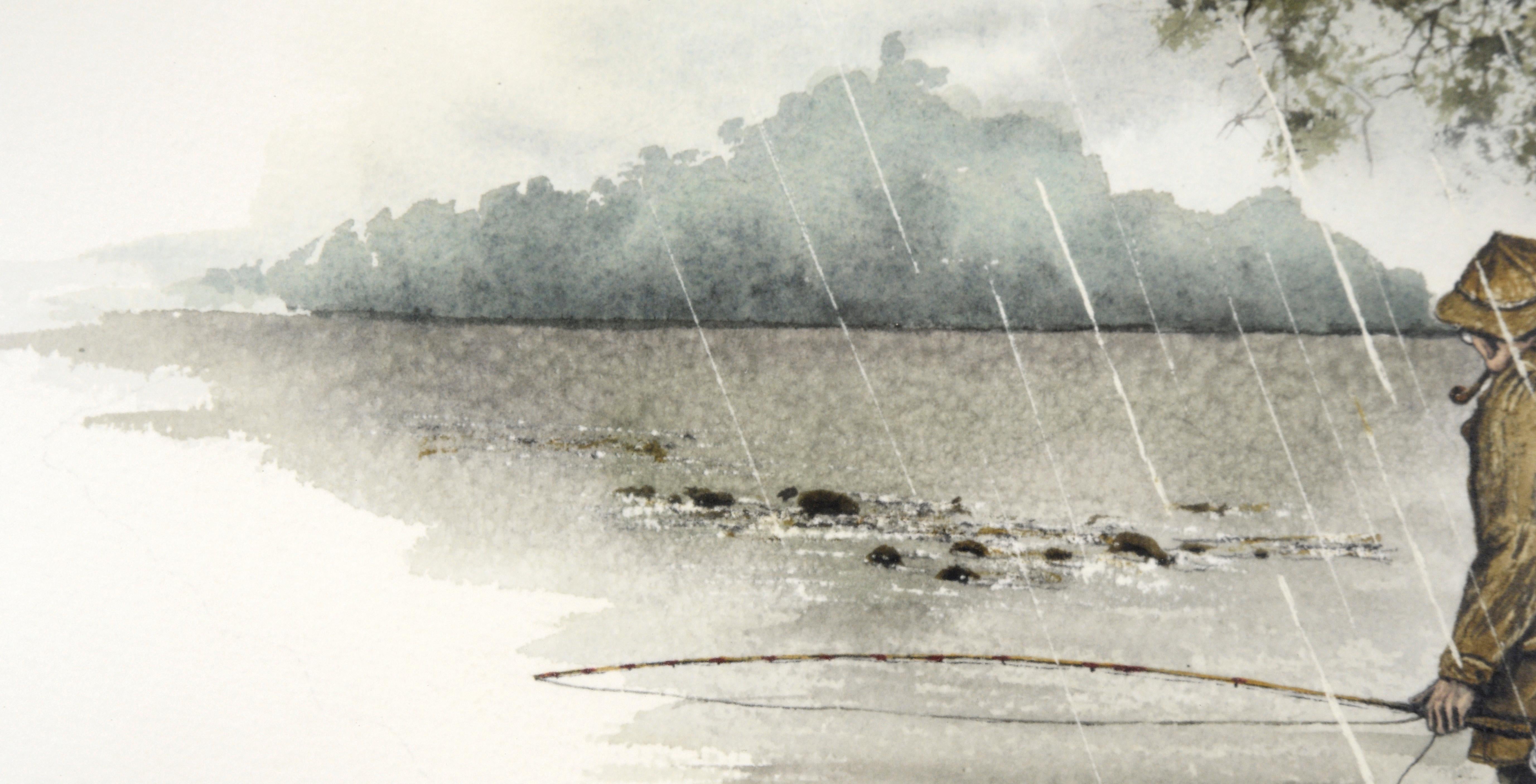Délicate représentation d'un pêcheur à la mouche sous la pluie par Harvey Eckert (américain, 1946-2018). Cette aquarelle de paysage très détaillée représente un homme pêchant sous la pluie, pataugeant dans l'eau tout en fumant une pipe sous un