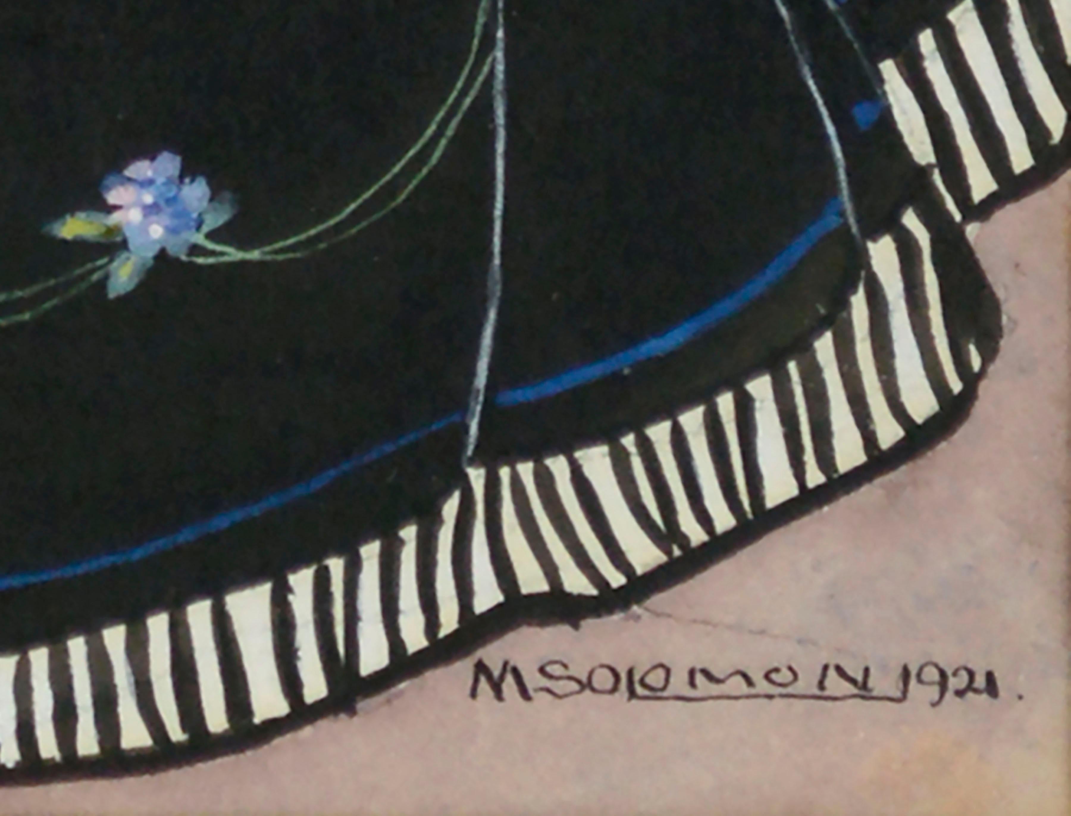 Detailgetreue historische Modeillustration in Aquarell aus dem Jahr 1921, die eine Dame in einem Kleid aus dem 17. Jahrhundert zeigt, mit einem schwarzen Reifrock, der mit kleinen blauen Blumen verziert ist, einem kleinen Mieder mit tiefem,