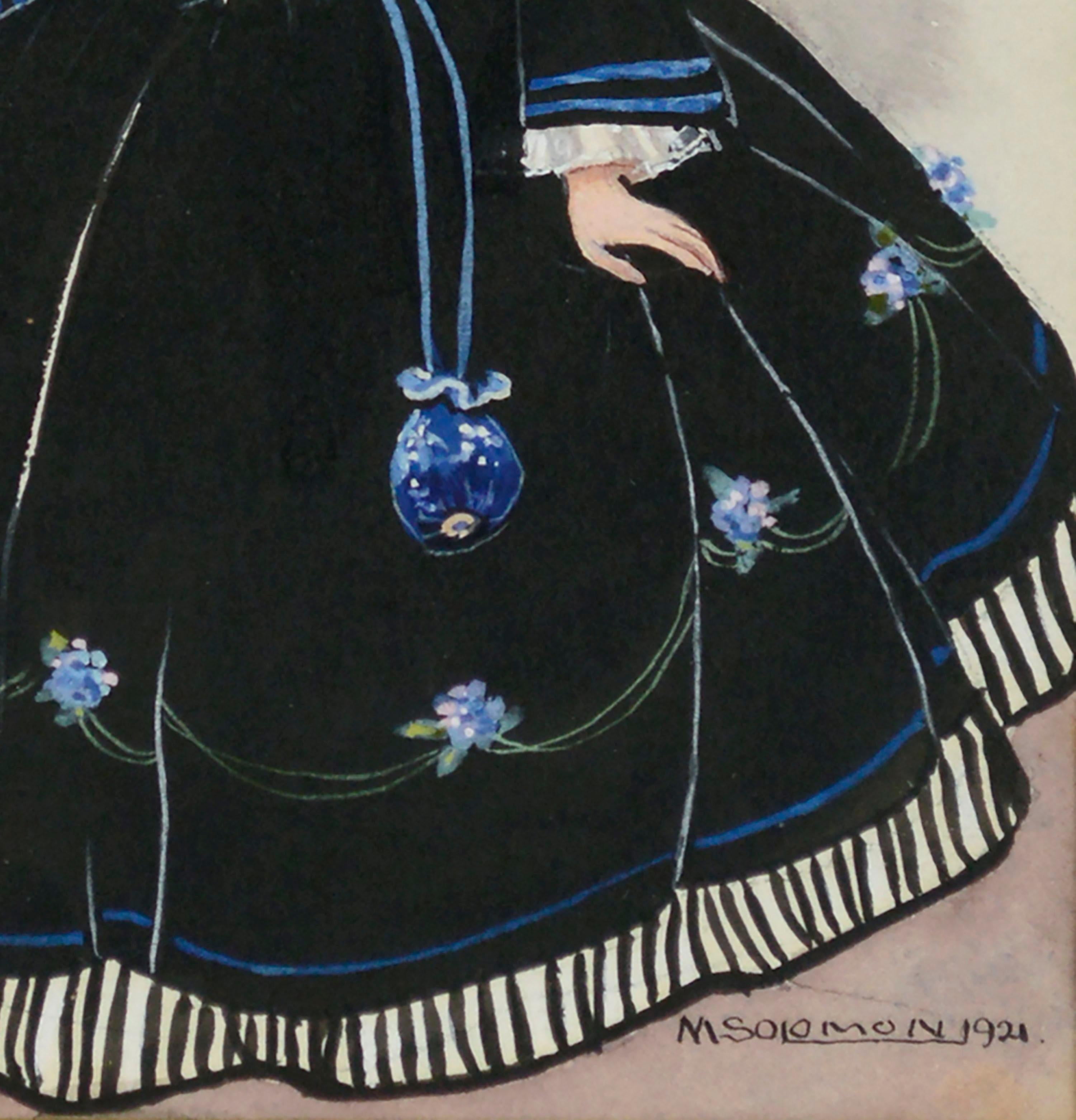 Historische Mode-Illustration der 1920er Jahre einer Dame in einem Kleid aus dem 17.  (Braun), Figurative Art, von M. Solomon