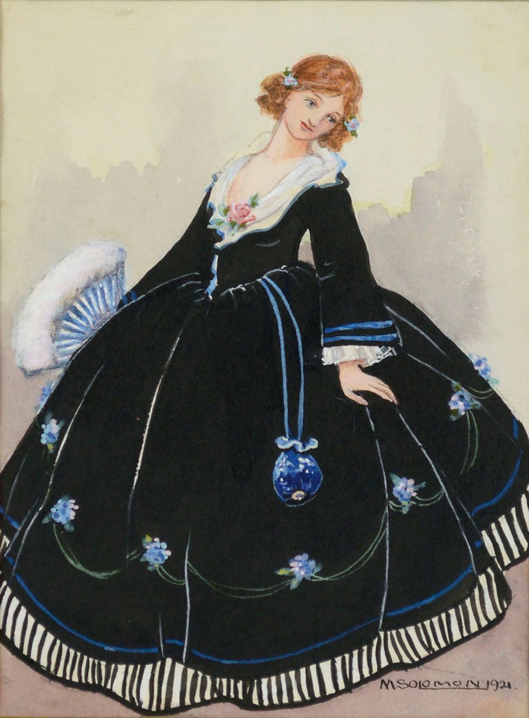 1920's Historical Fashion Illustration of Lady in 17th Century Dress  - Art by M. Solomon