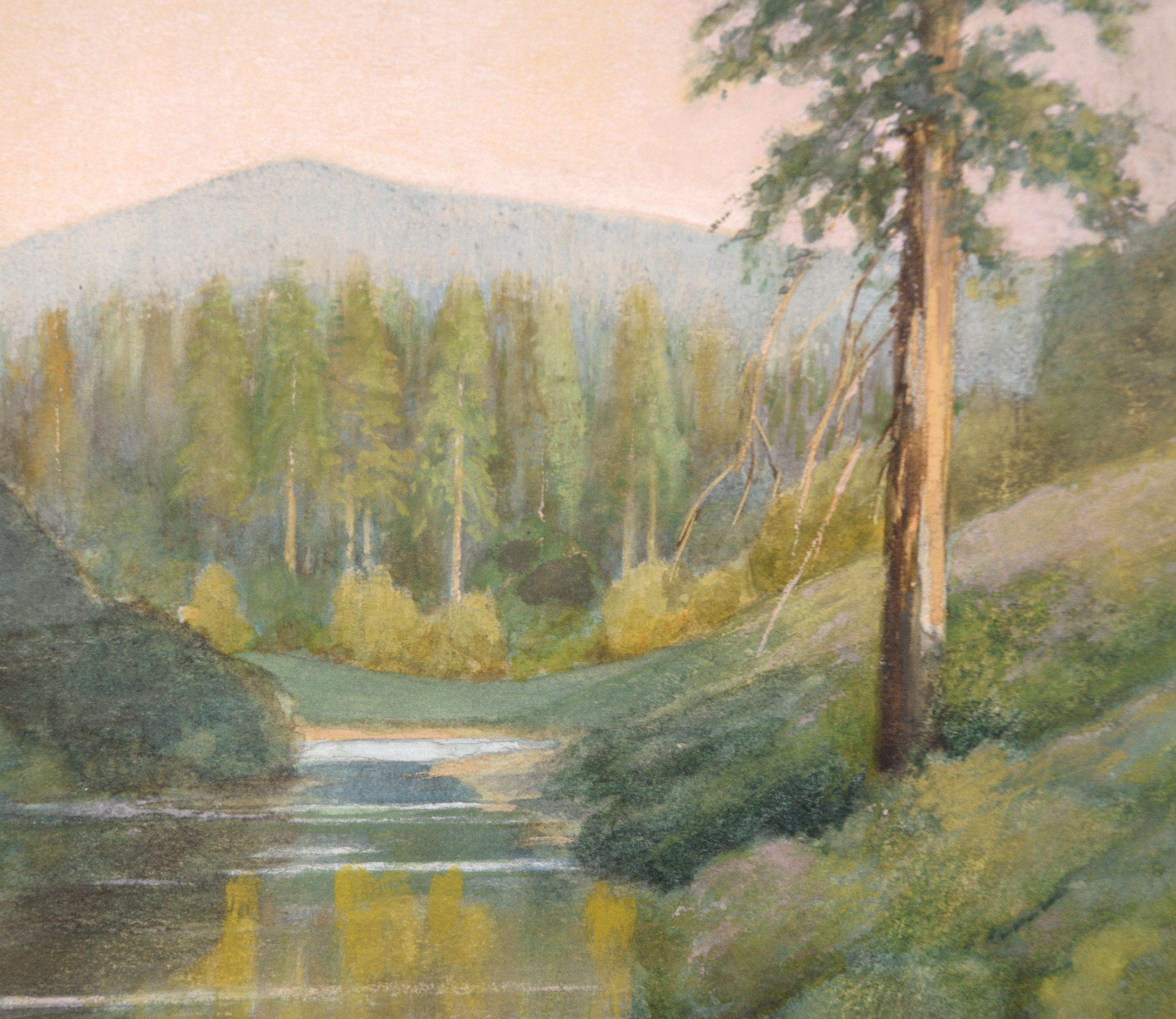 Tranquil Stream - Waldlandschaft des frühen 20. Jahrhunderts  (Beige), Landscape Art, von Joseph Anthony Kahler 