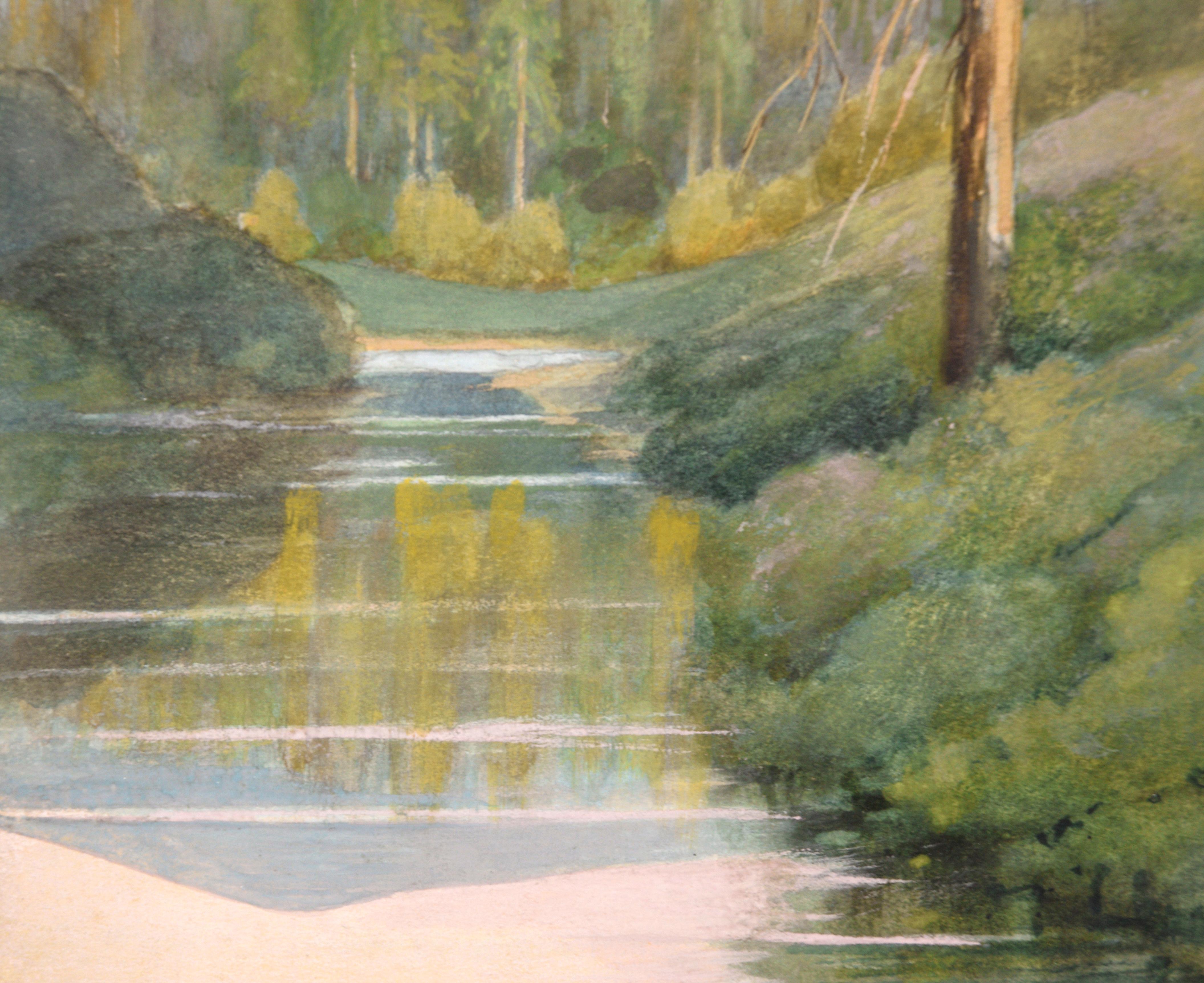 Frühes und seltenes Aquarell eines Baches im Wald aus dem 20. Jahrhundert von Joseph Anthony Kahler (Österreicher/Amerikaner, 1852-1937). Diese wunderschöne nordkalifornische Szene des McCloud River in der Nähe des Mount Shasta spiegelt sich im