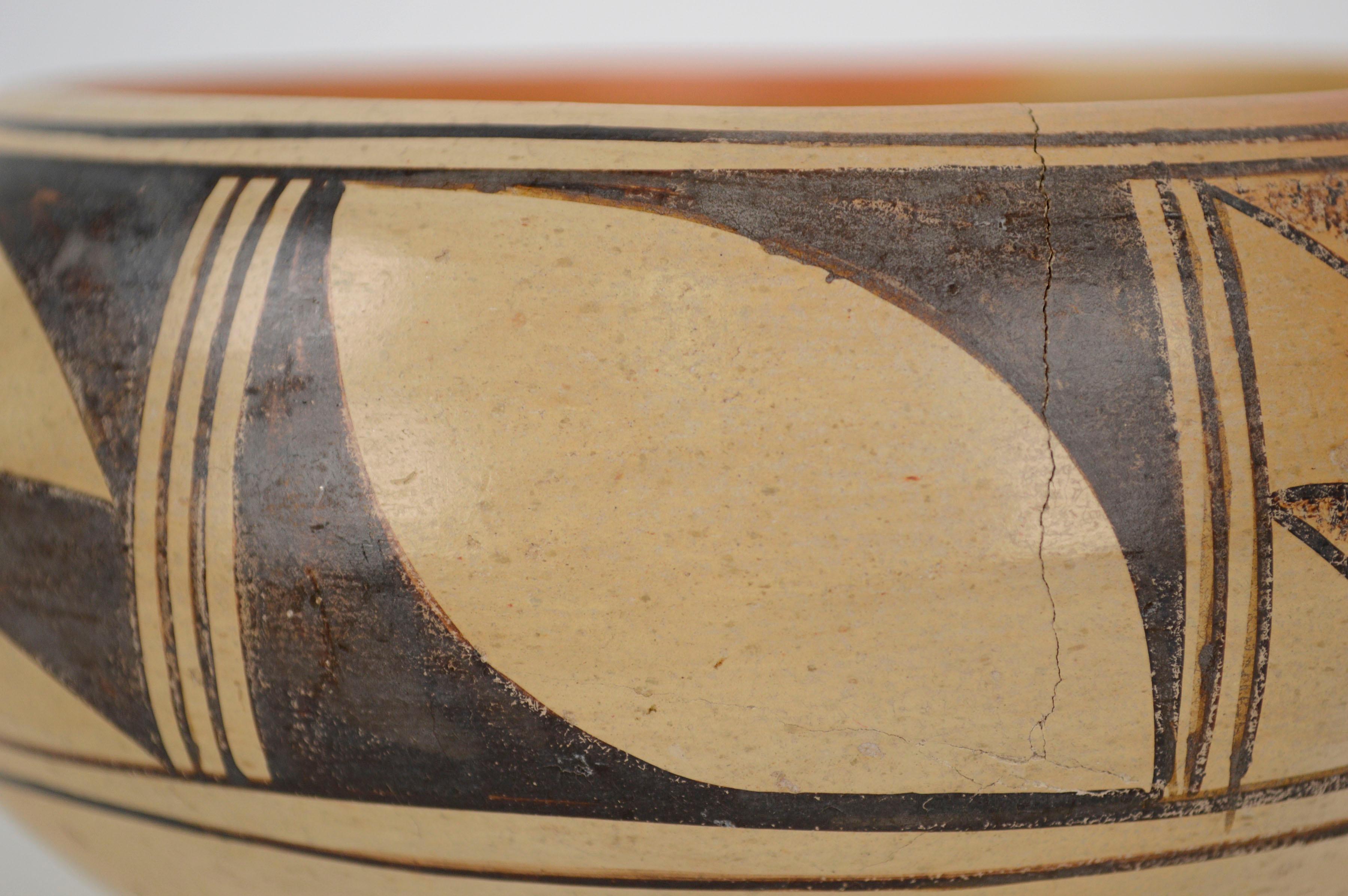 1930s Hopi/Tewa Black on Yellow Polychrome Pottery Bowl - Signed  - Folk Art Art by Laura Chapella Tomosie