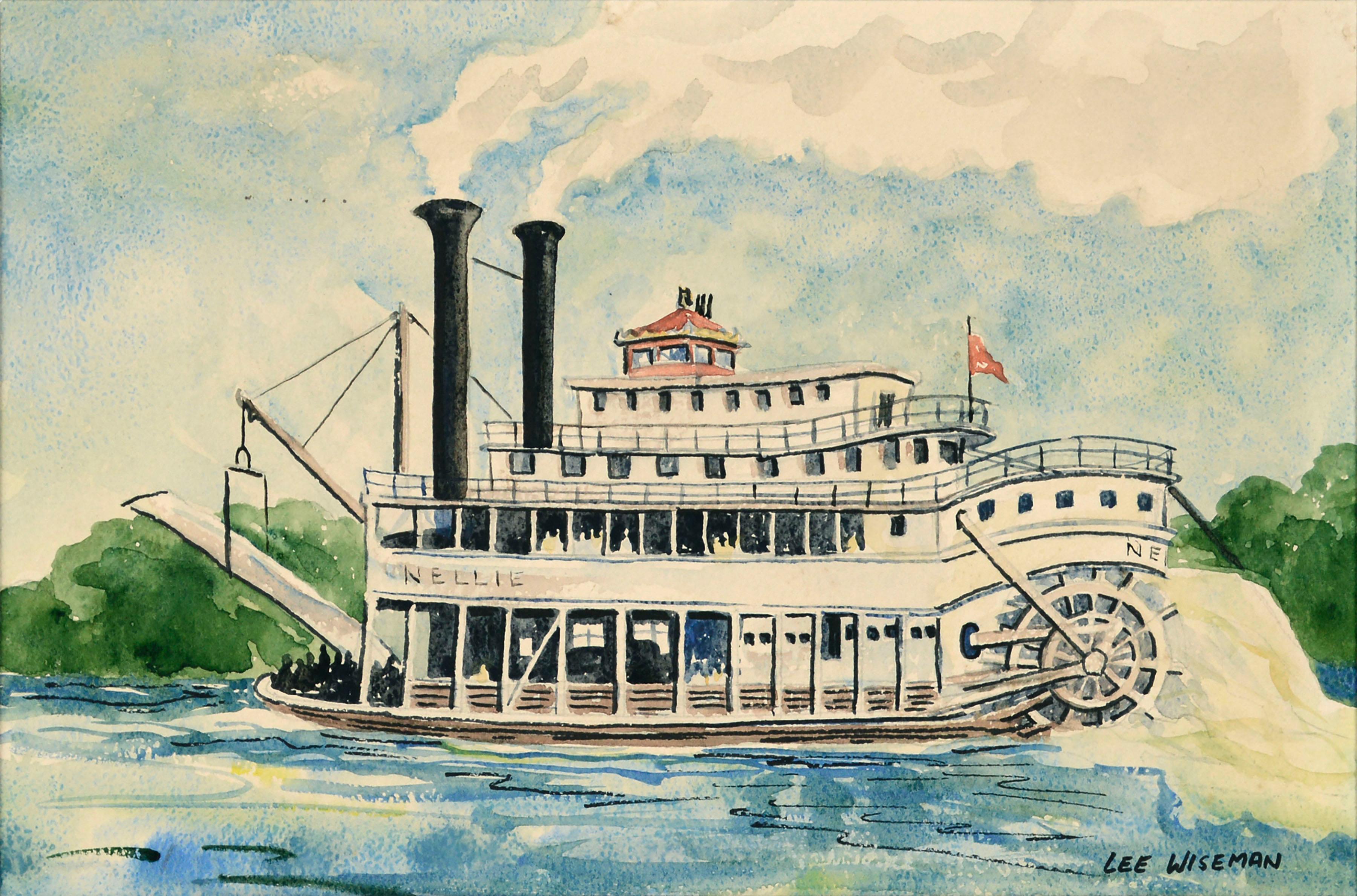 „Nellie“ Dampfschiff – maritime figürliche Landschaft, Aquarell – Art von Lee Wiseman