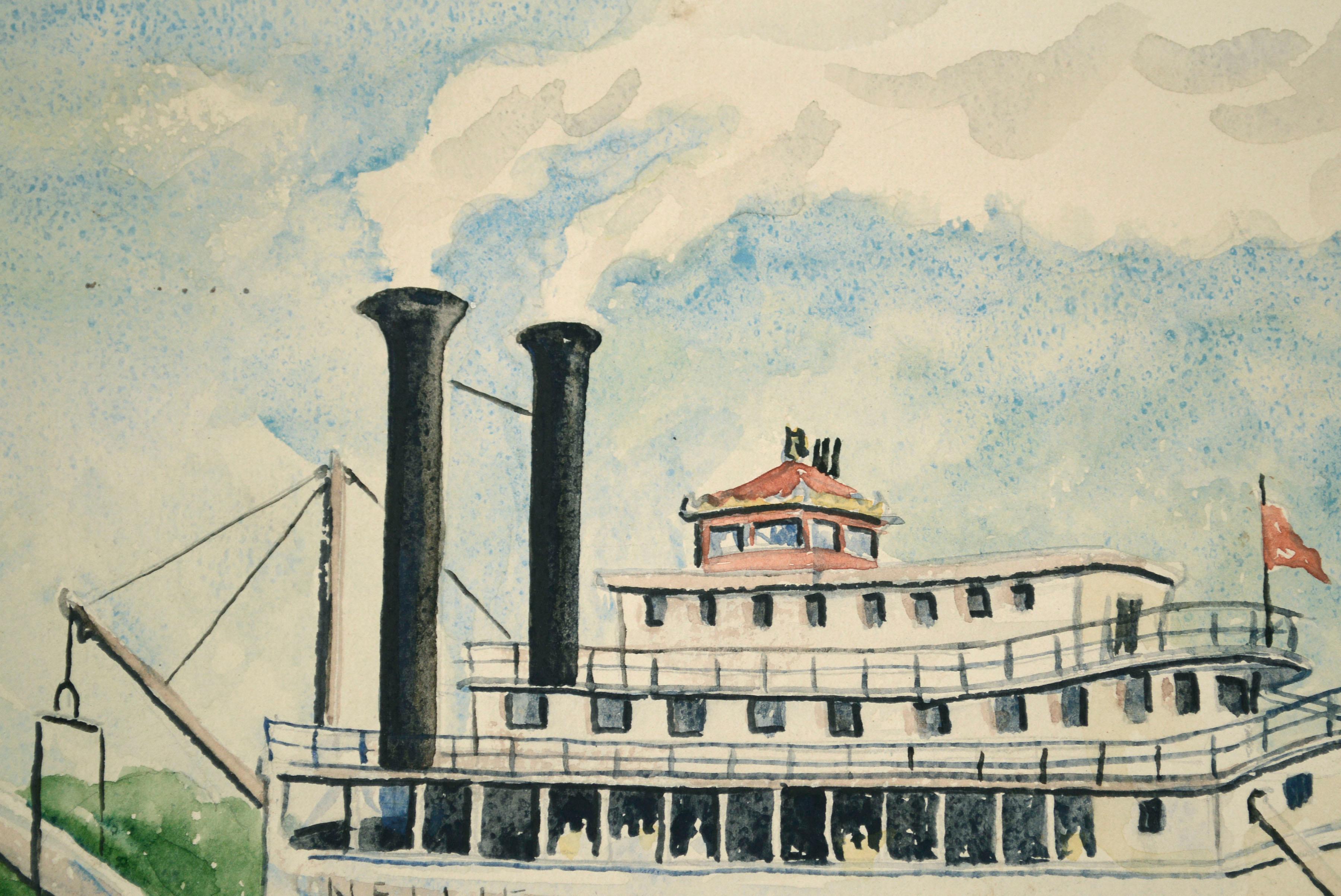 „Nellie“ Dampfschiff – maritime figürliche Landschaft, Aquarell im Angebot 2
