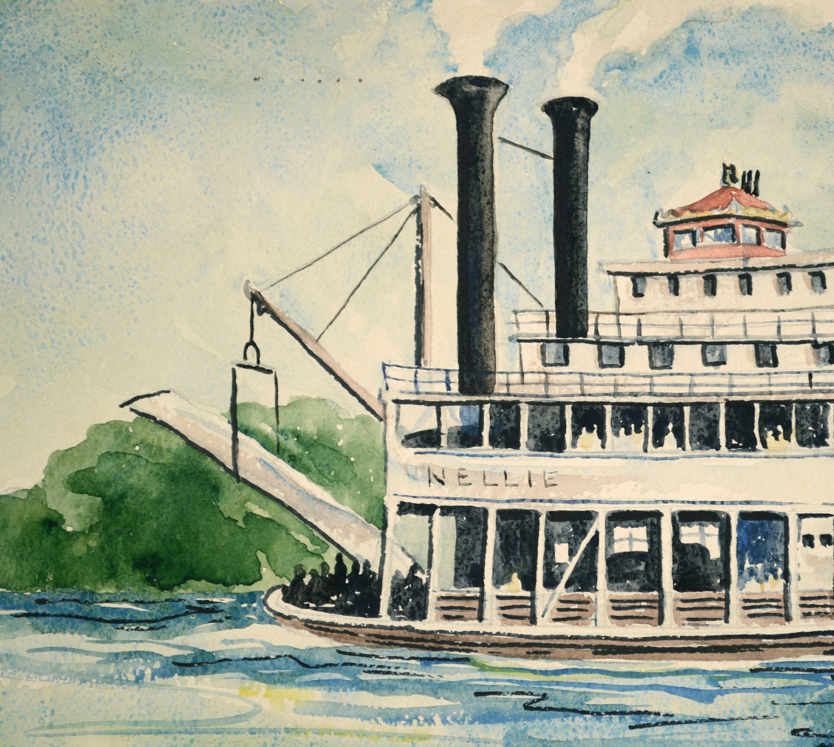 „Nellie“ Dampfschiff – maritime figürliche Landschaft, Aquarell (Grau), Figurative Art, von Lee Wiseman