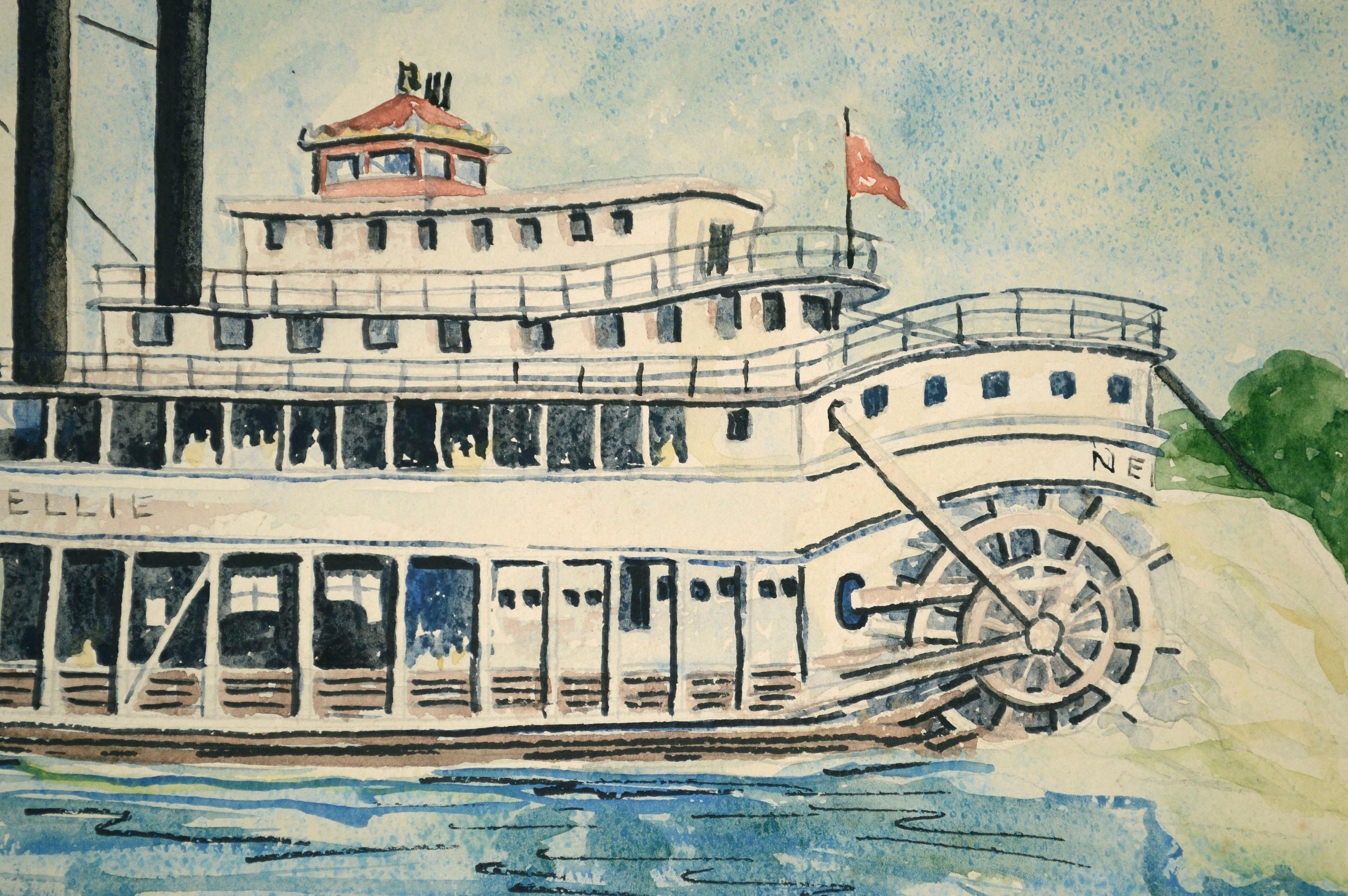 „Nellie“ Dampfschiff – maritime figürliche Landschaft, Aquarell im Angebot 1