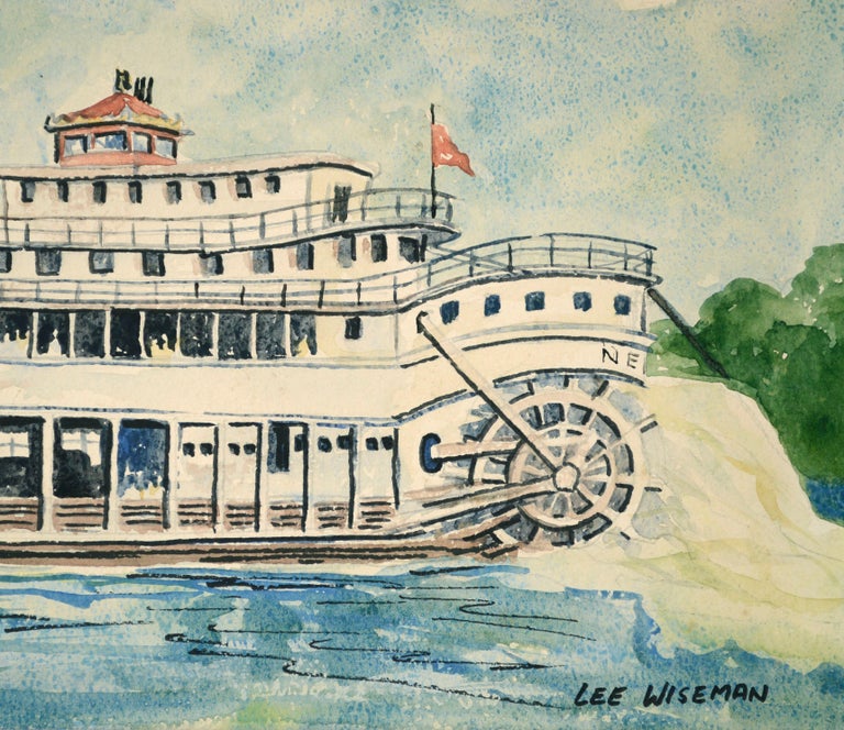 Accurately detailed watercolor depiction of steamship 