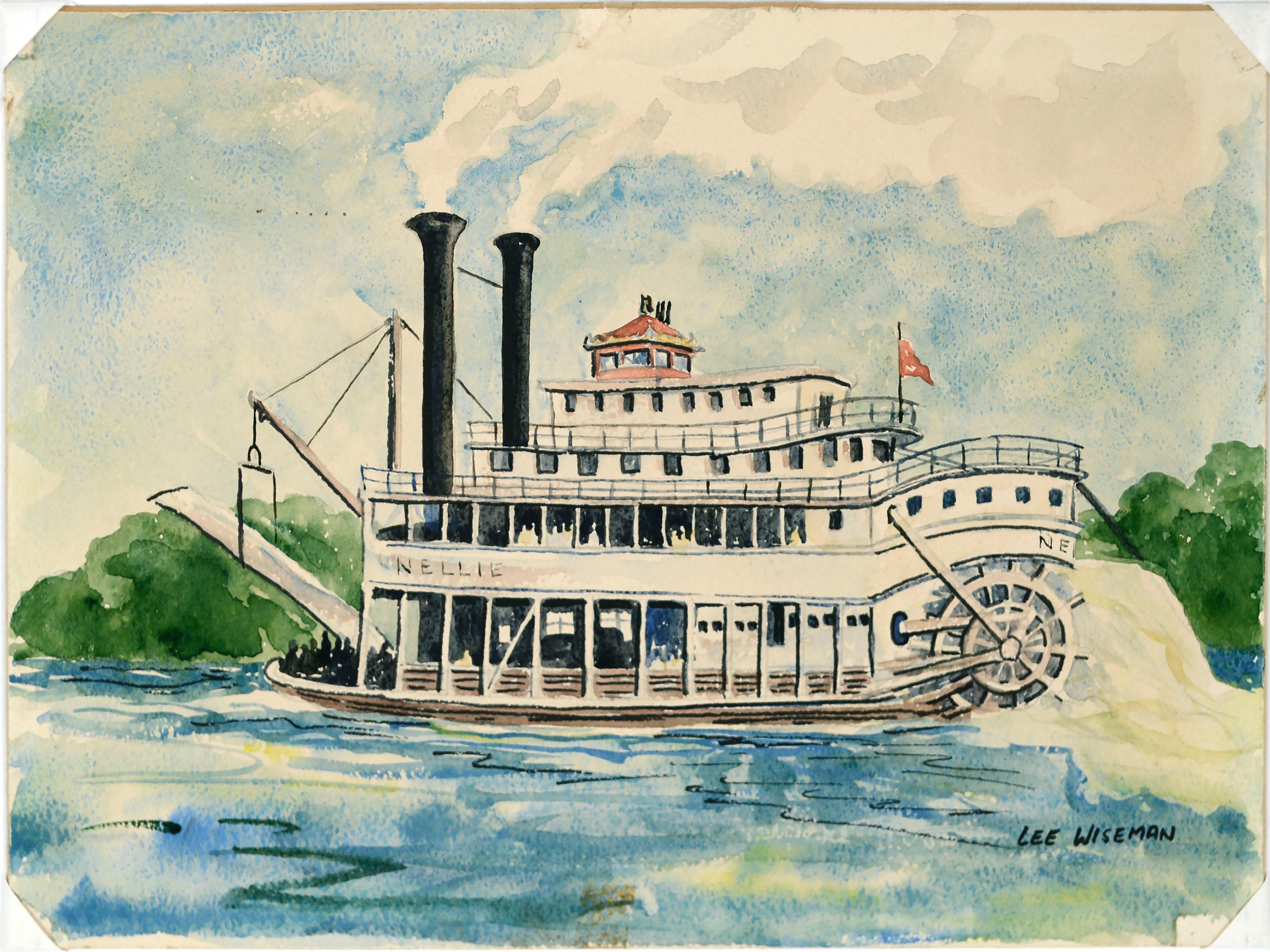 „Nellie“ Dampfschiff – maritime figürliche Landschaft, Aquarell im Angebot 5