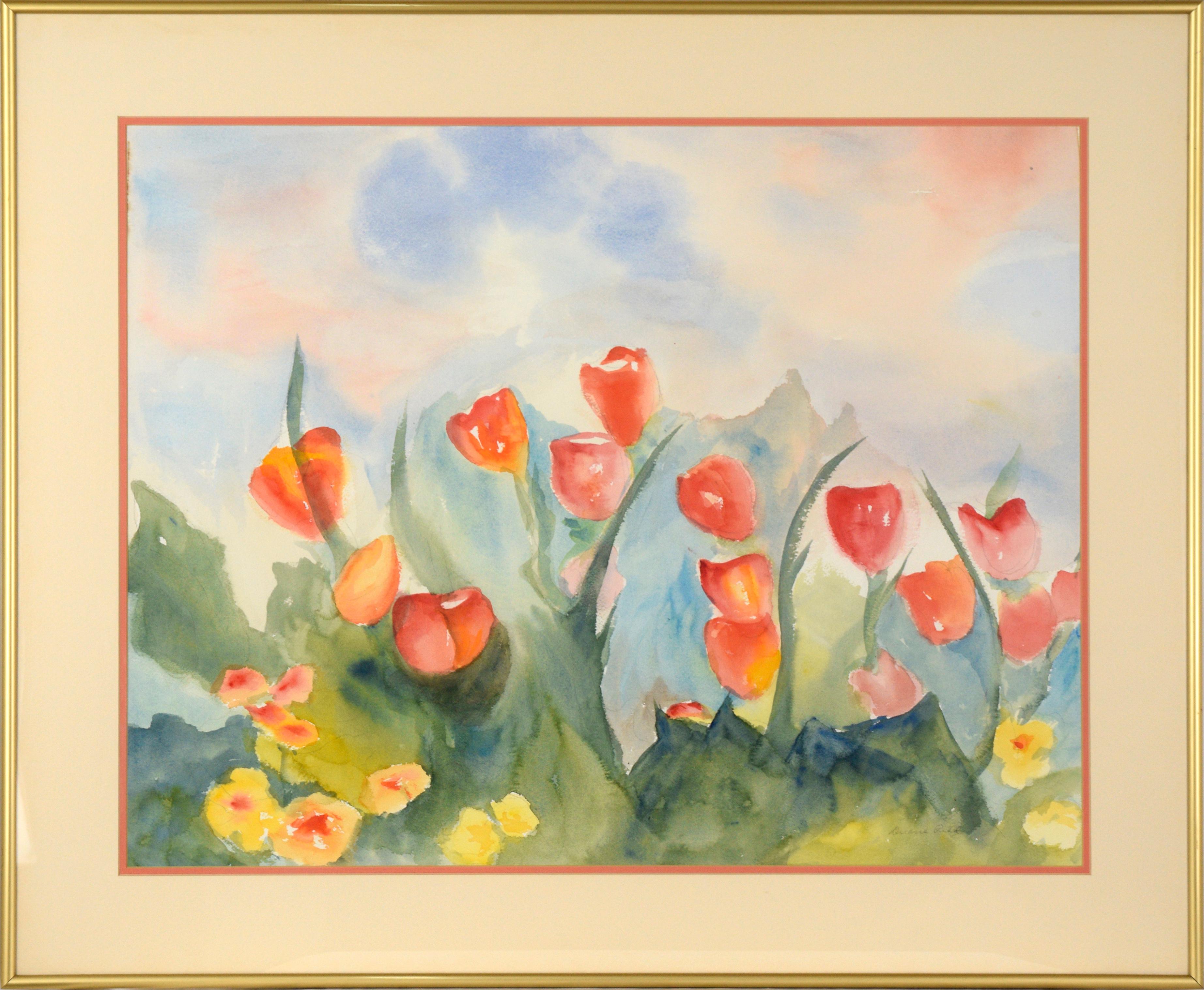 Paysage, tulipes rouges et peupliers de Californie